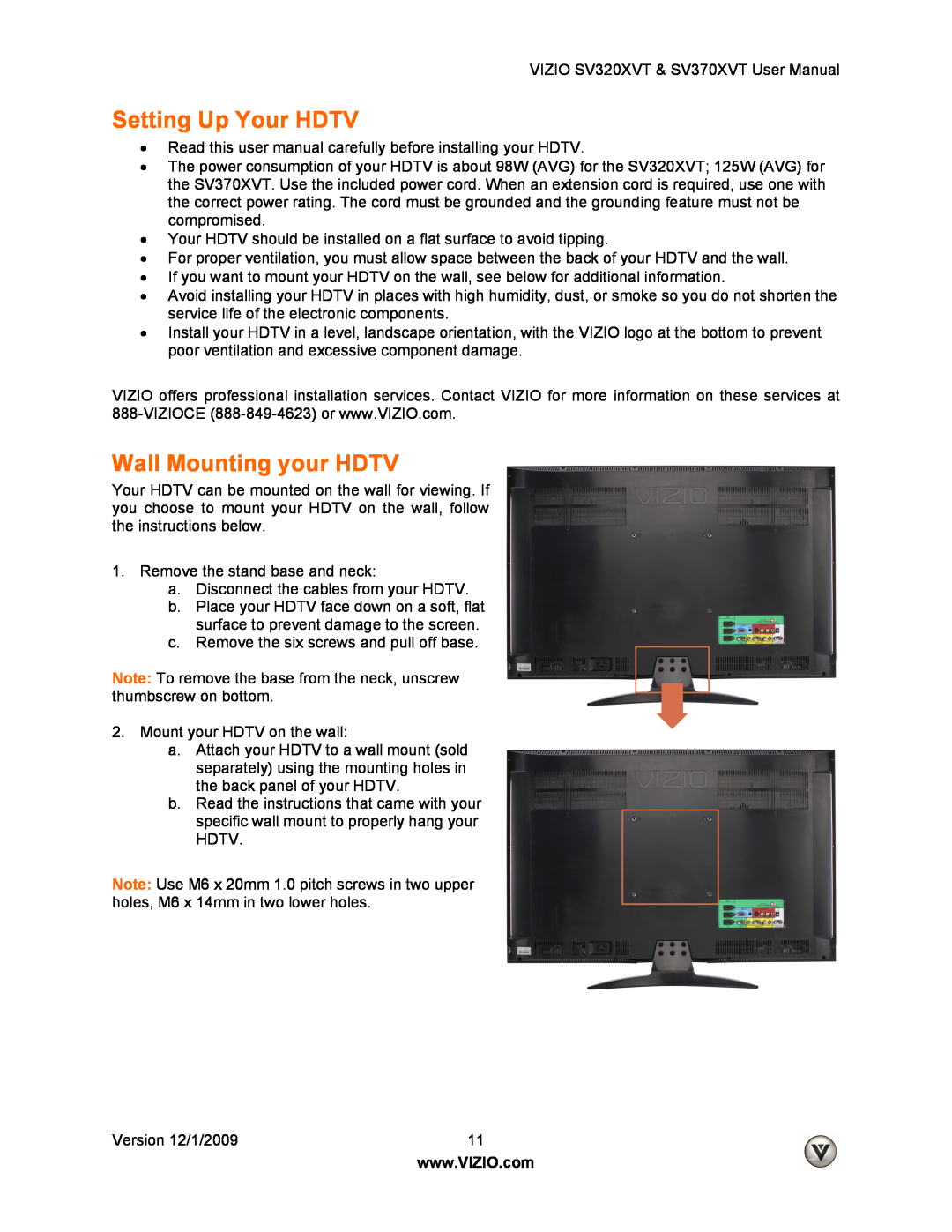 Vizio SV370XVT, SV320XVT user manual Setting Up Your HDTV, Wall Mounting your HDTV 