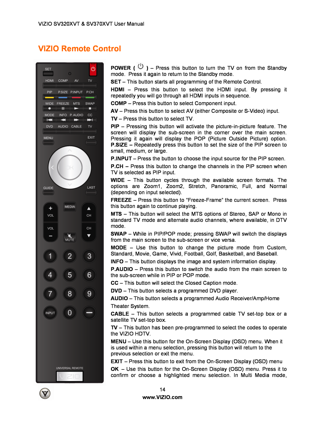 Vizio SV320XVT, SV370XVT user manual VIZIO Remote Control 