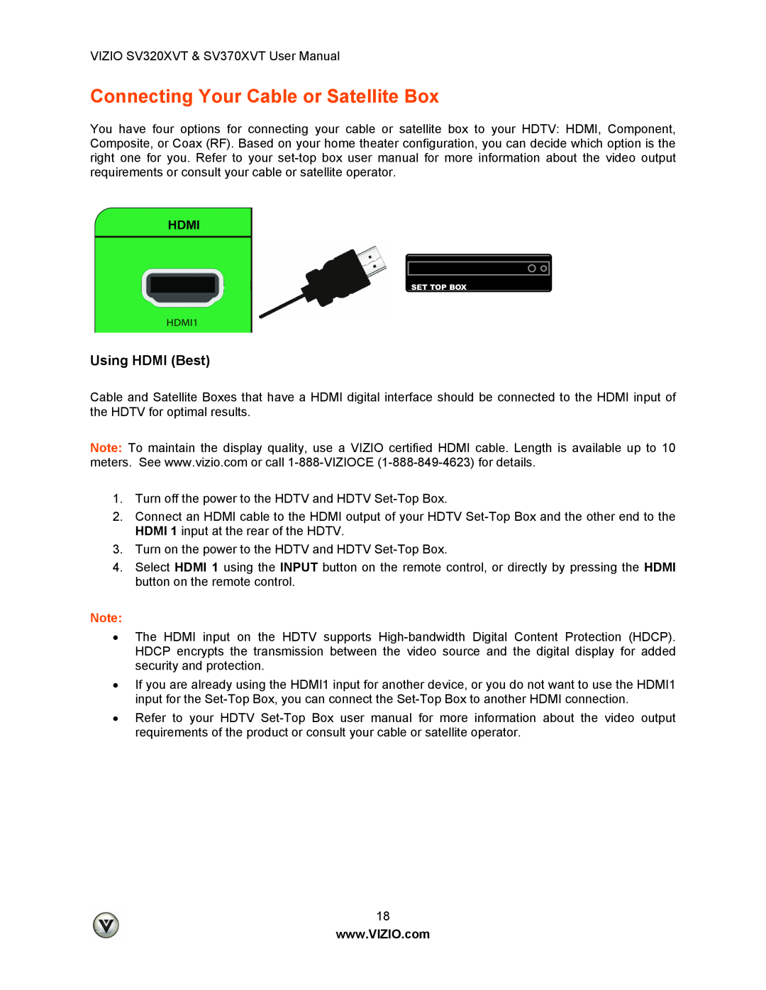 Vizio SV320XVT, SV370XVT user manual Connecting Your Cable or Satellite Box, Using HDMI Best 