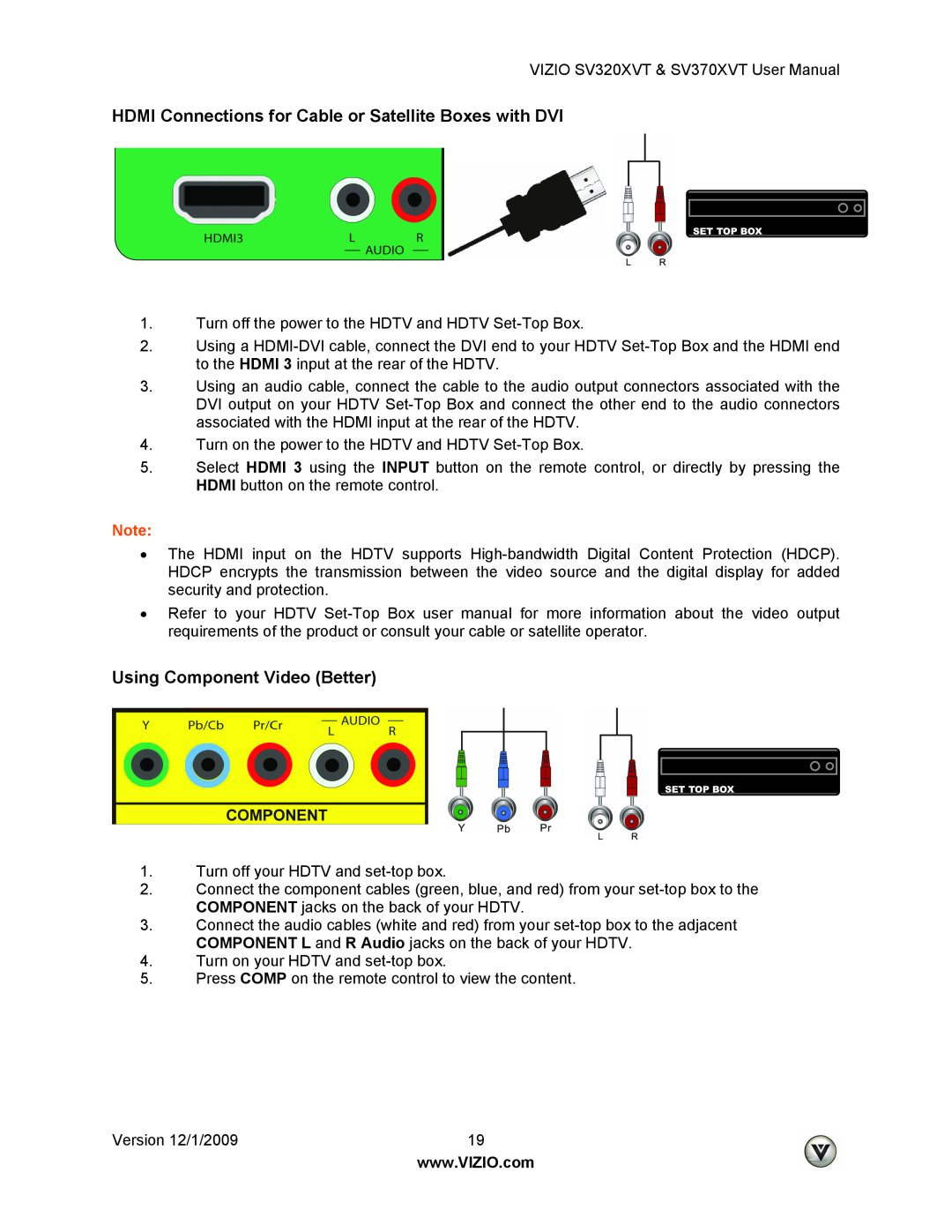 Vizio SV370XVT, SV320XVT user manual HDMI Connections for Cable or Satellite Boxes with DVI, Using Component Video Better 