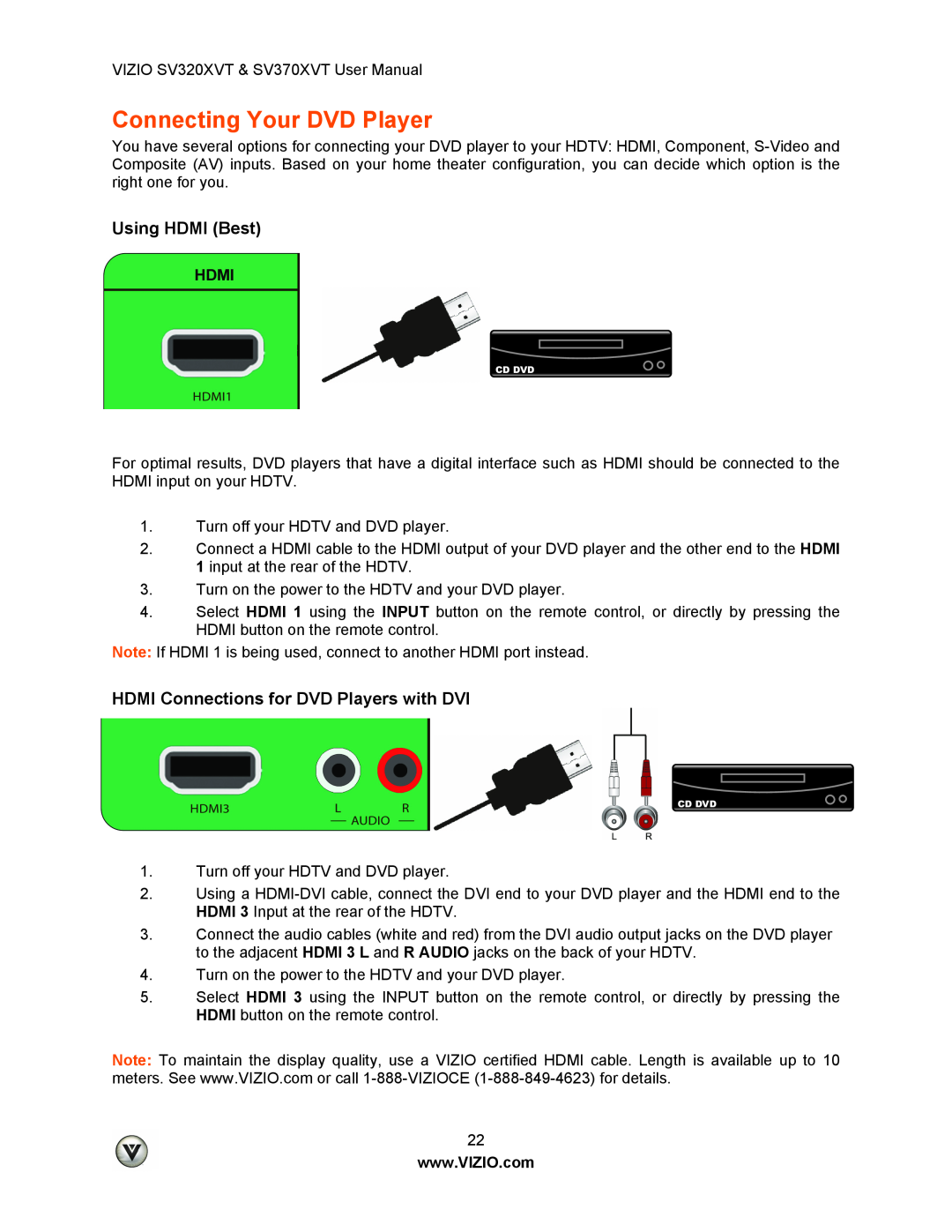 Vizio SV320XVT, SV370XVT user manual Connecting Your DVD Player, HDMI Connections for DVD Players with DVI, Using HDMI Best 