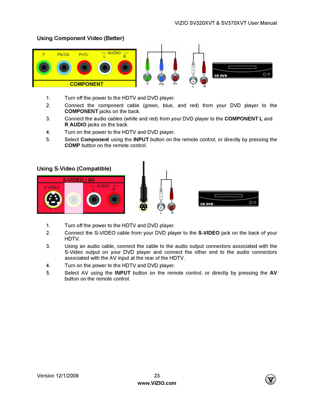 Vizio SV370XVT, SV320XVT user manual Using Component Video Better, Using S-Video Compatible 