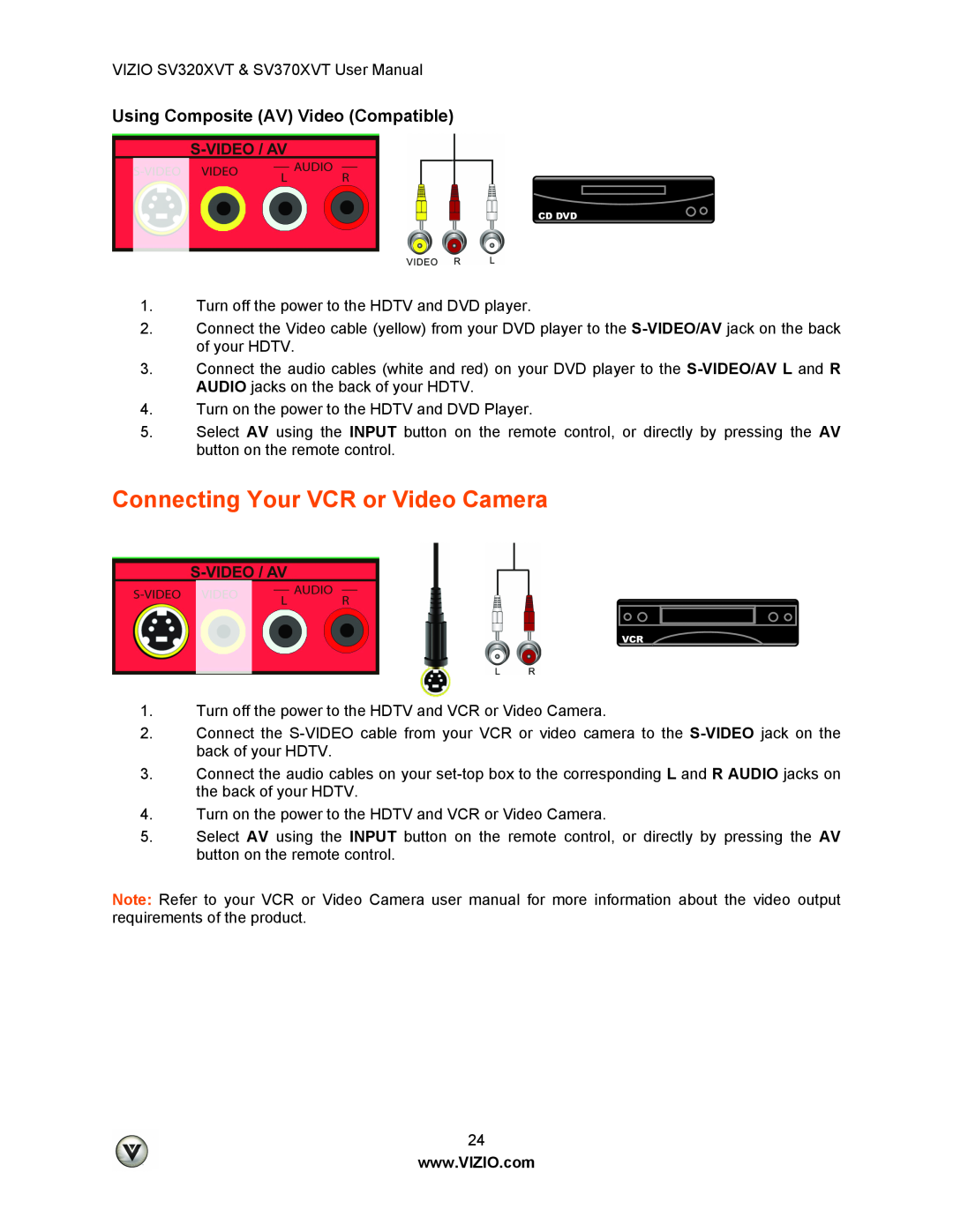Vizio SV320XVT, SV370XVT user manual Connecting Your VCR or Video Camera, Using Composite AV Video Compatible 