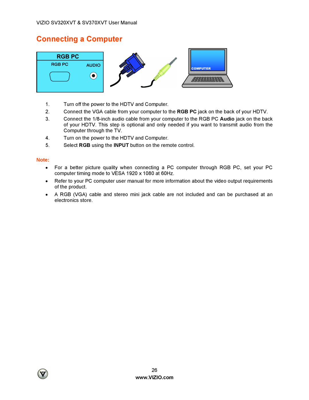 Vizio SV320XVT, SV370XVT user manual Connecting a Computer 