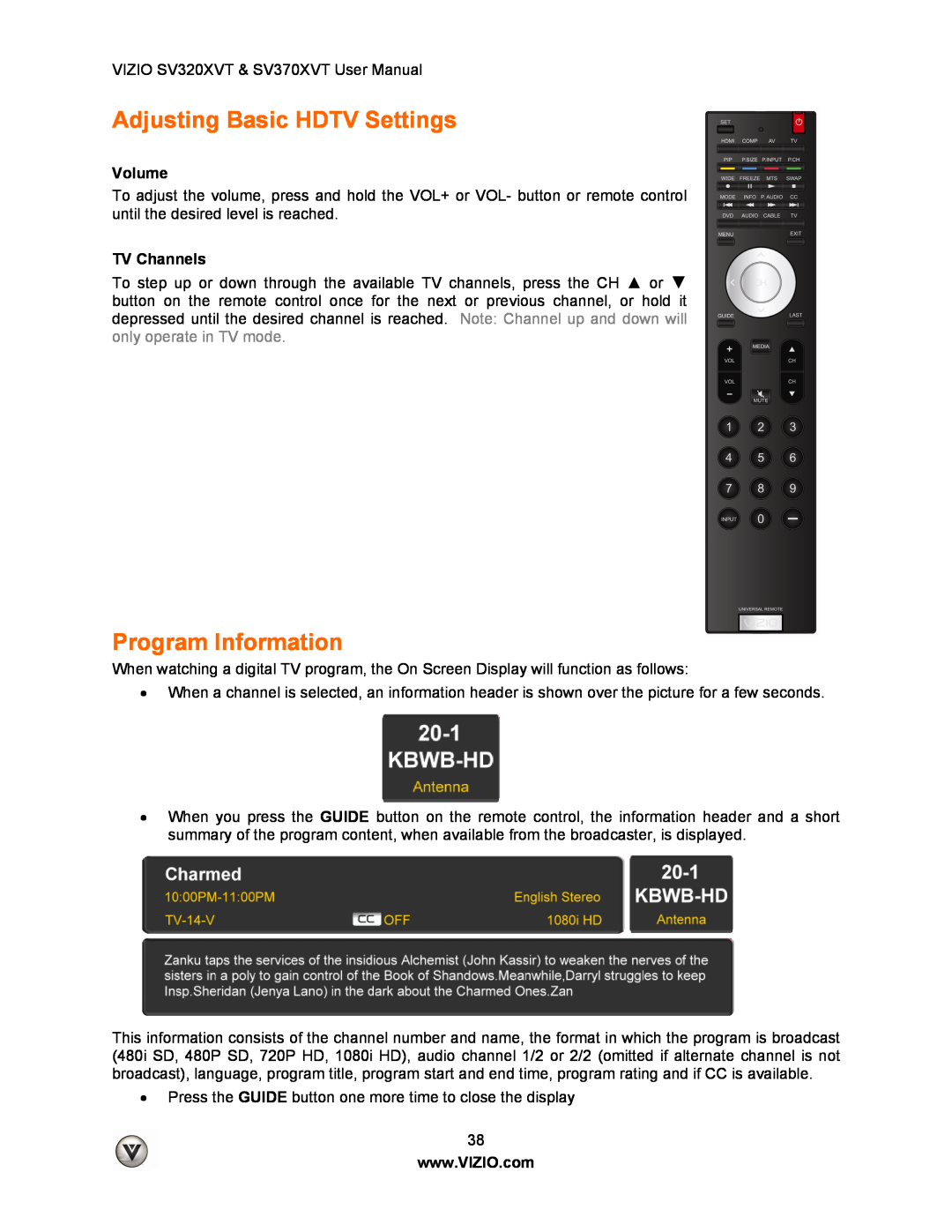 Vizio SV320XVT, SV370XVT user manual Adjusting Basic HDTV Settings, Program Information, Volume, TV Channels 