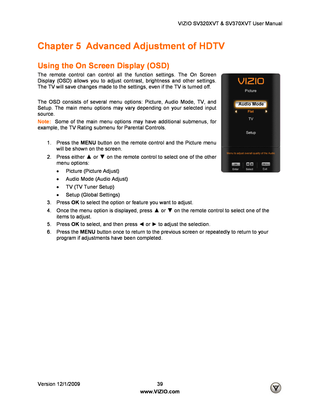 Vizio SV370XVT, SV320XVT user manual Advanced Adjustment of HDTV, Using the On Screen Display OSD 