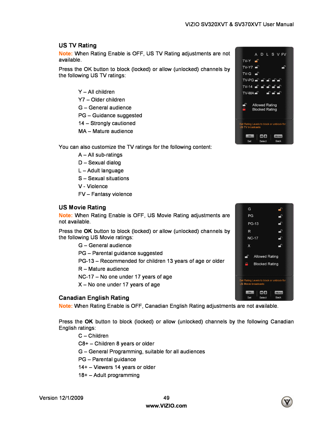 Vizio SV370XVT, SV320XVT user manual US TV Rating, US Movie Rating, Canadian English Rating 