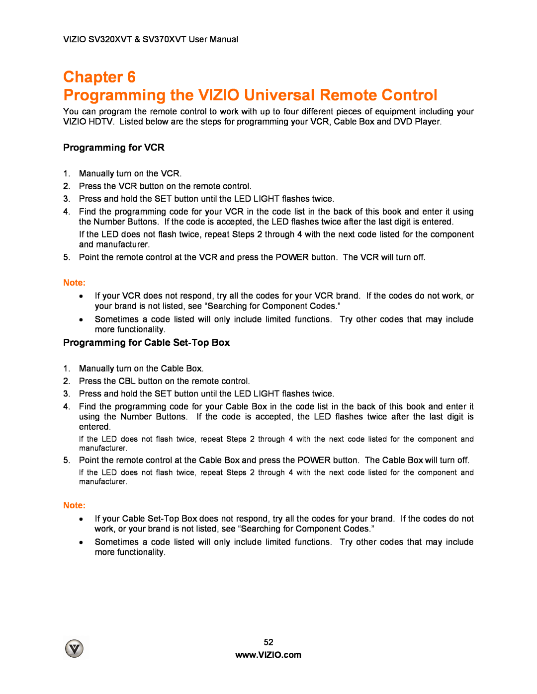 Vizio SV320XVT, SV370XVT user manual Chapter Programming the VIZIO Universal Remote Control, Programming for VCR 