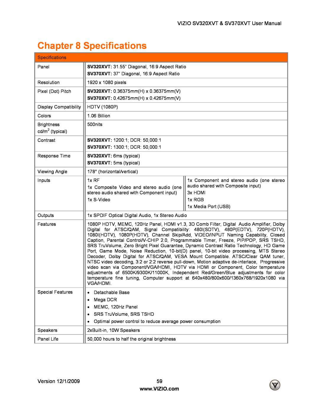 Vizio user manual Specifications, VIZIO SV320XVT & SV370XVT User Manual, Version 12/1/2009 