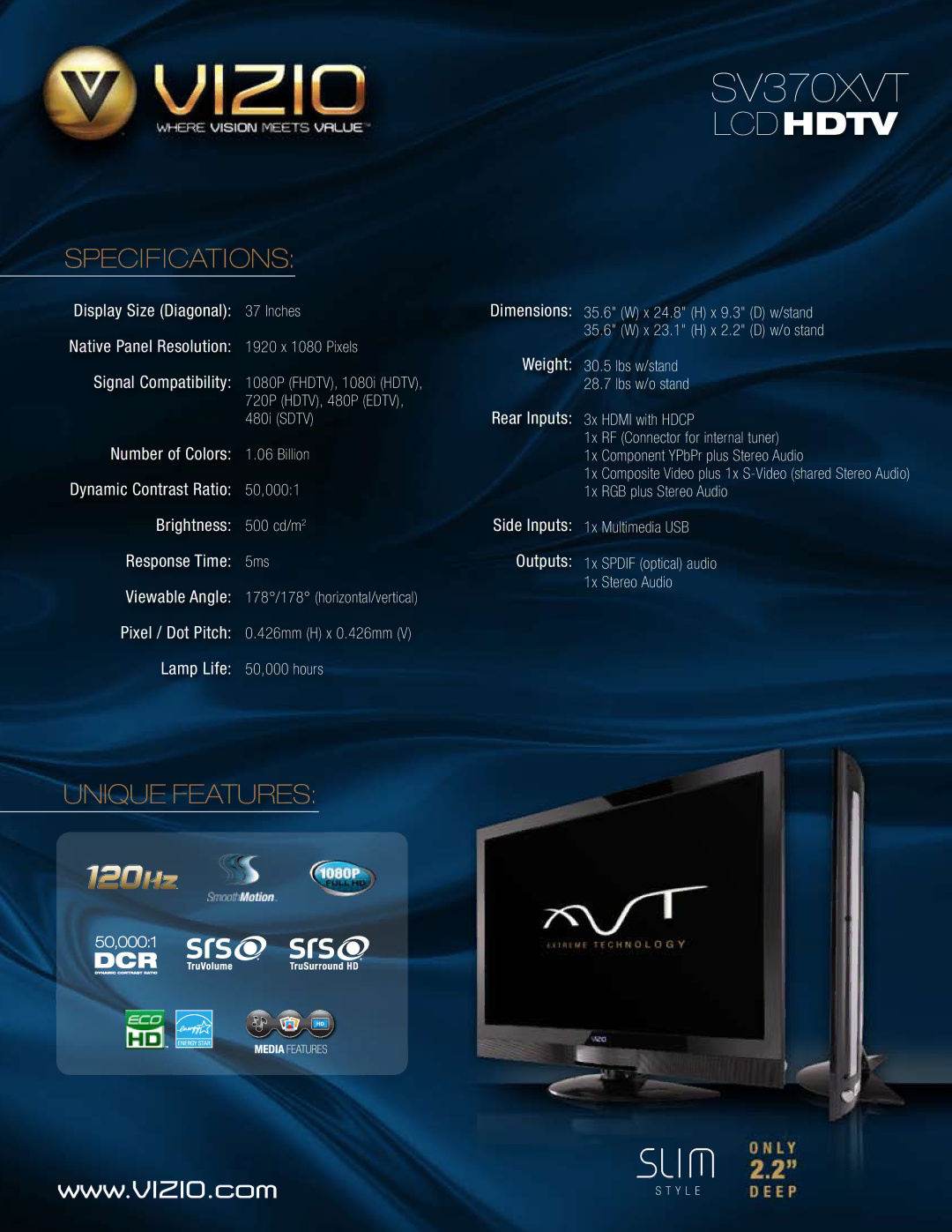 Vizio SV370XVT specifications Lcdhdtv, Specifications, Unique Features 