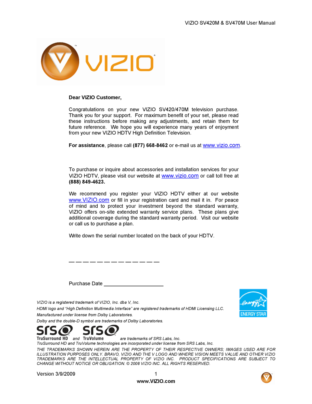 Vizio SV470M, SV420M user manual Dear Vizio Customer 