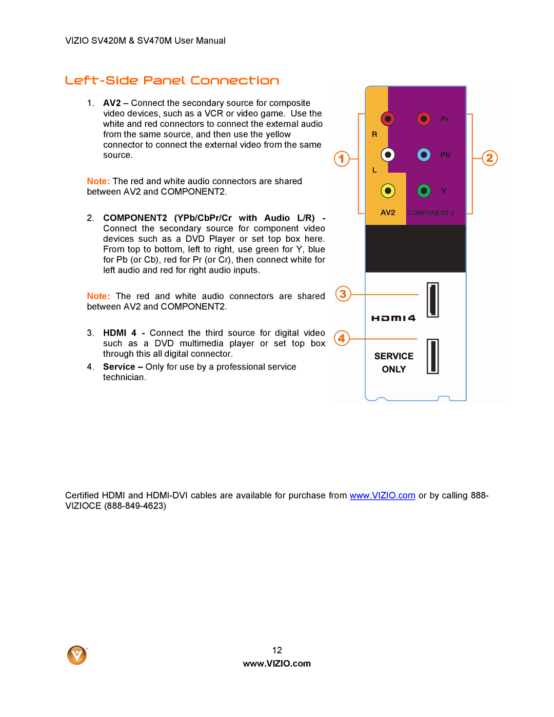 Vizio SV420M, SV470M user manual Left-Side Panel Connection 