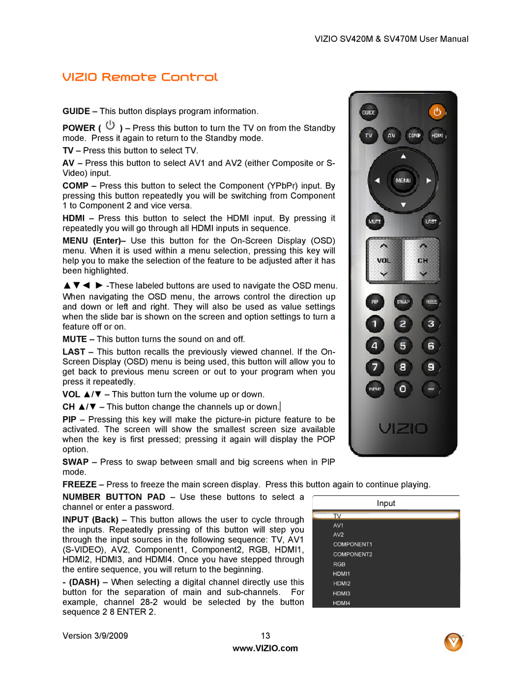 Vizio SV470M, SV420M user manual Vizio Remote Control 