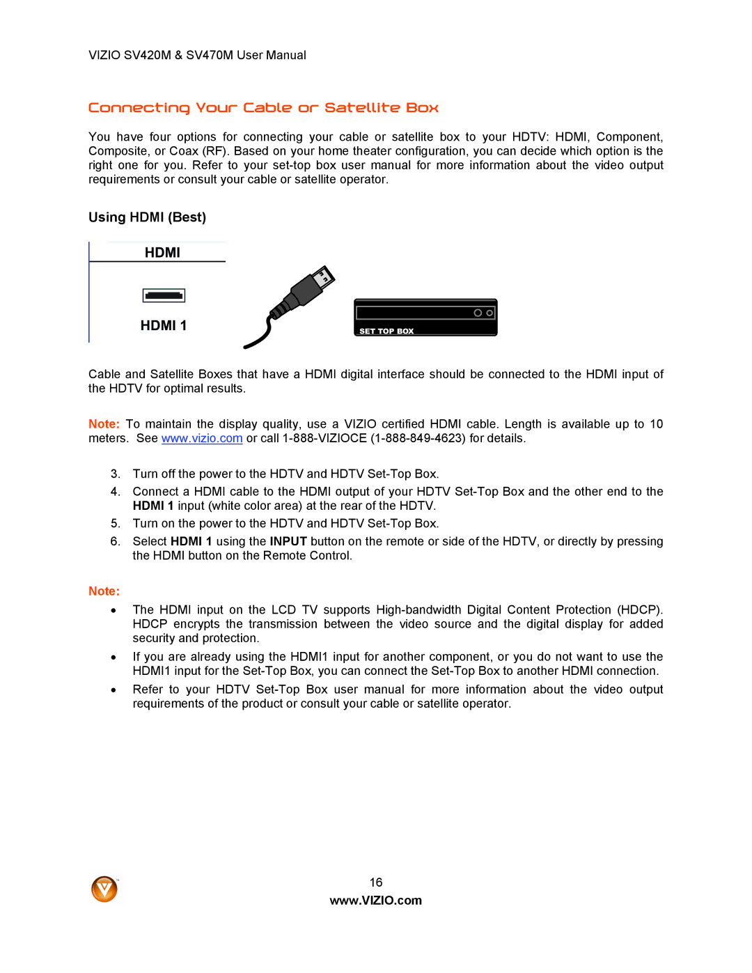 Vizio SV420M, SV470M user manual Connecting Your Cable or Satellite Box, Using Hdmi Best 