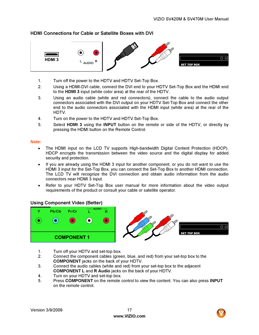 Vizio SV470M, SV420M user manual Hdmi Connections for Cable or Satellite Boxes with DVI, Using Component Video Better 