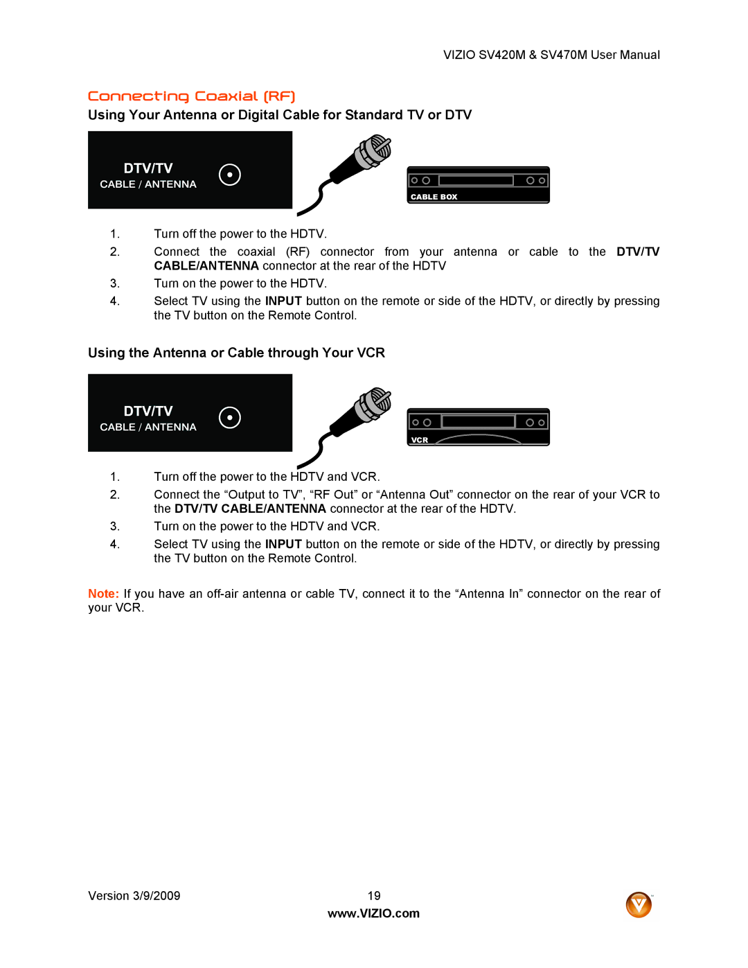 Vizio SV470M, SV420M user manual Connecting Coaxial RF, Using Your Antenna or Digital Cable for Standard TV or DTV 