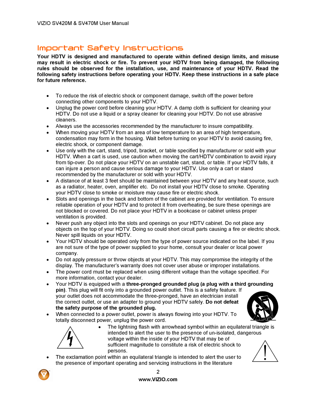 Vizio SV420M, SV470M user manual Important Safety Instructions 