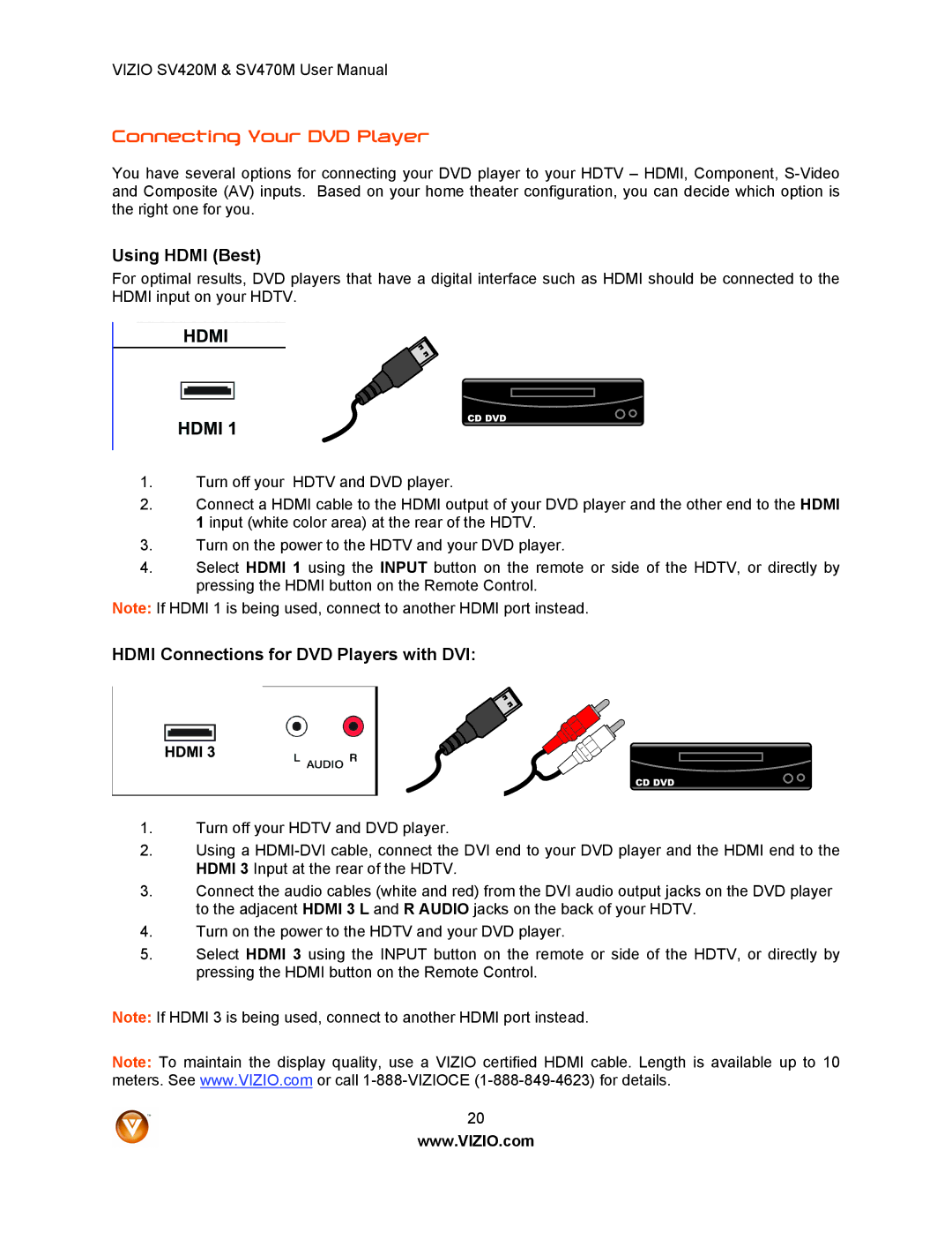 Vizio SV420M, SV470M user manual Connecting Your DVD Player, Hdmi Connections for DVD Players with DVI 