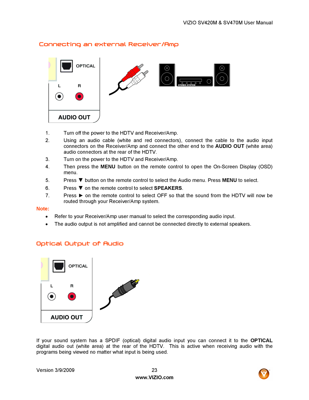 Vizio SV470M, SV420M user manual Connecting an external Receiver/Amp, Optical Output of Audio 