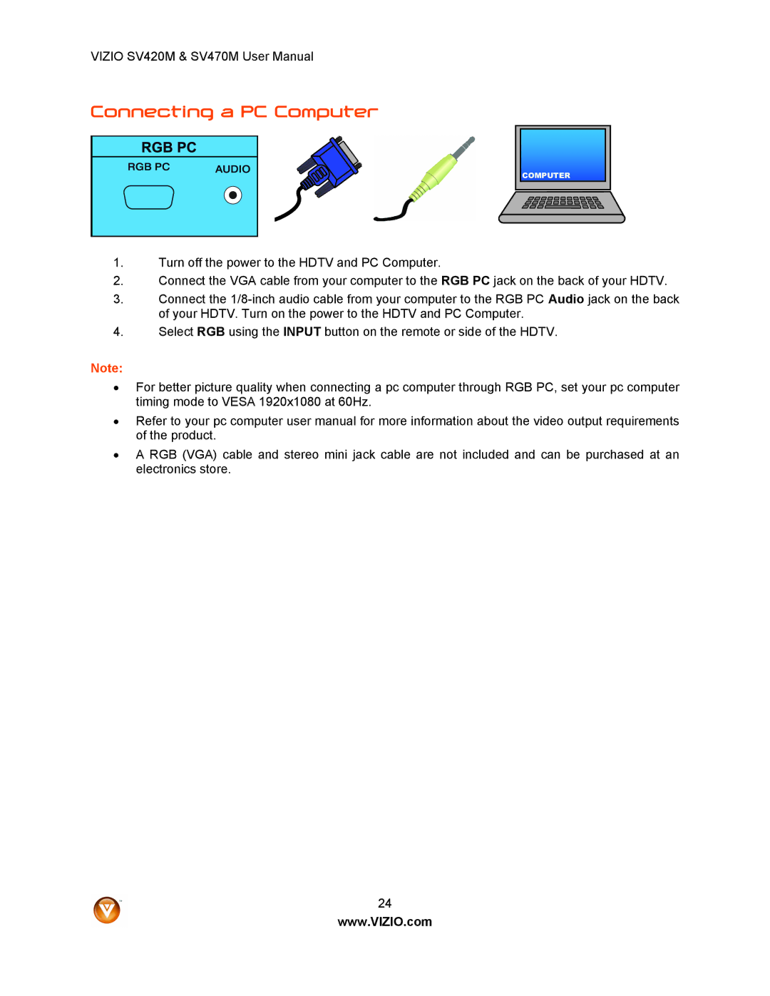 Vizio SV420M, SV470M user manual Connecting a PC Computer 