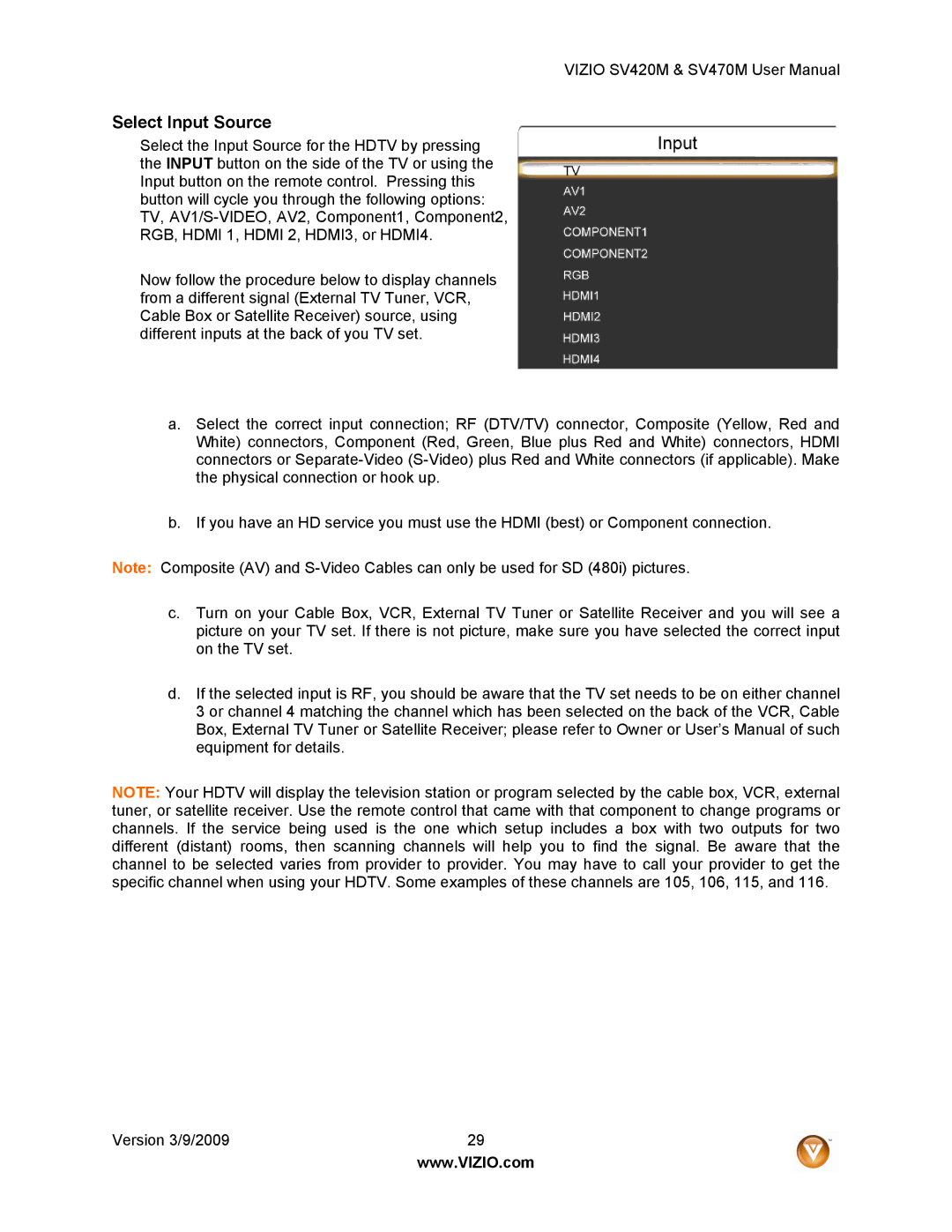 Vizio SV470M, SV420M user manual Select Input Source 