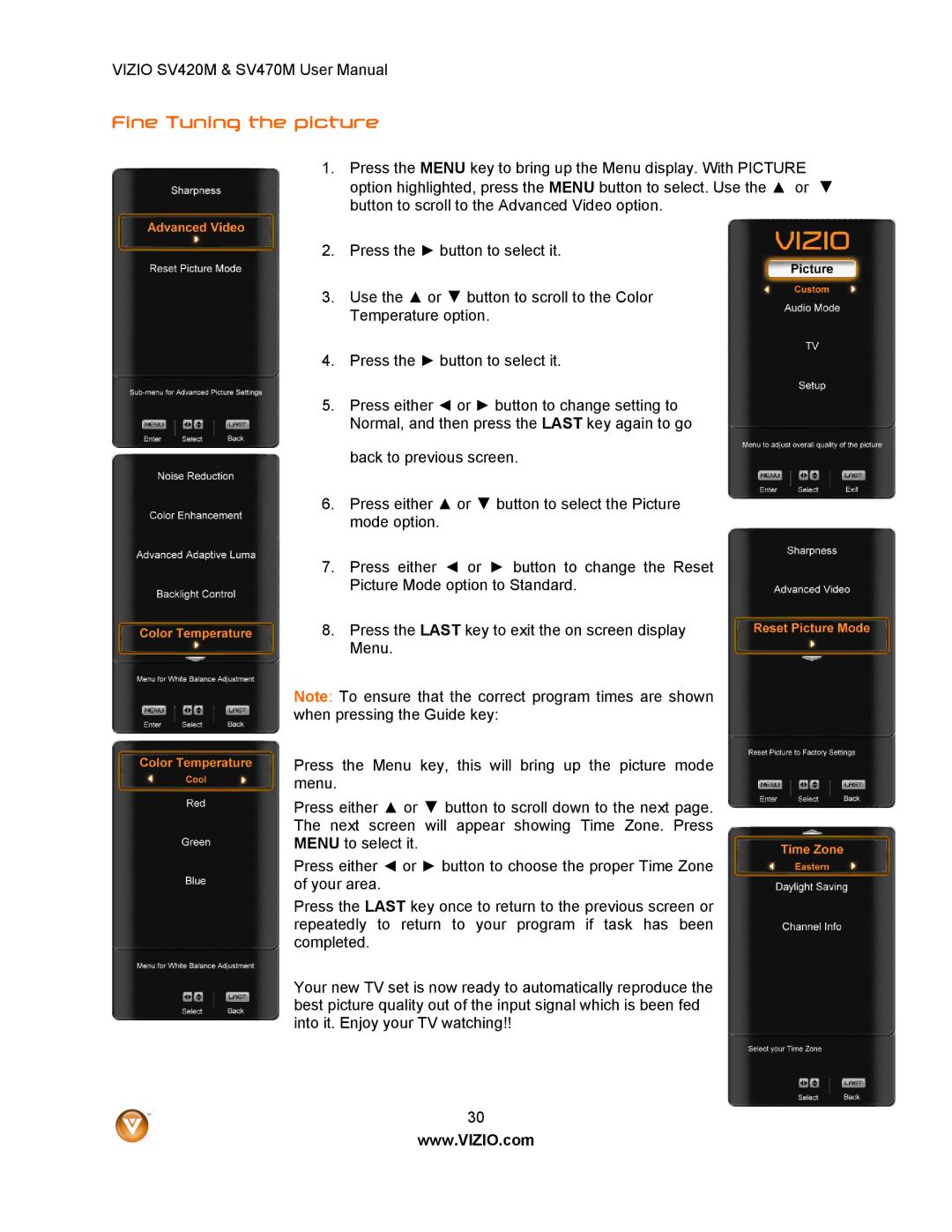 Vizio SV420M, SV470M user manual Fine Tuning the picture 