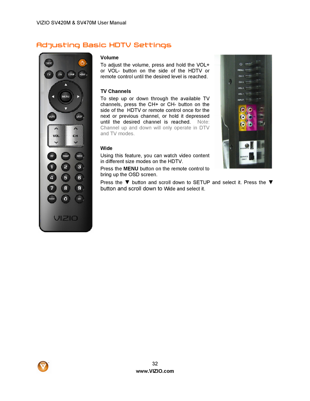 Vizio SV420M, SV470M user manual Adjusting Basic Hdtv Settings, Volume 