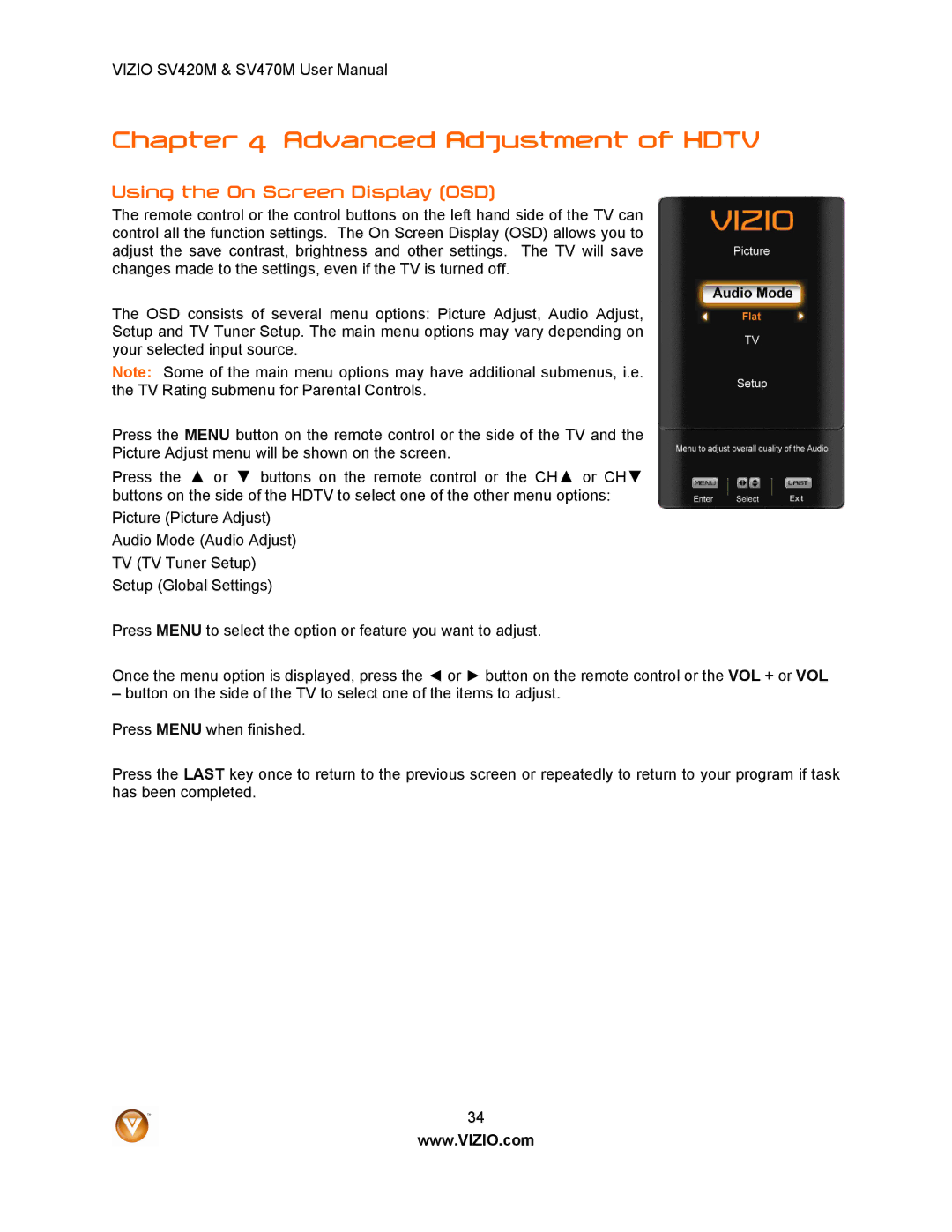 Vizio SV420M, SV470M user manual Advanced Adjustment of Hdtv, Using the On Screen Display OSD 