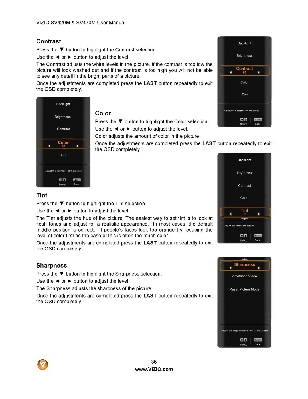 Vizio SV420M, SV470M user manual Contrast, Color, Tint, Sharpness 