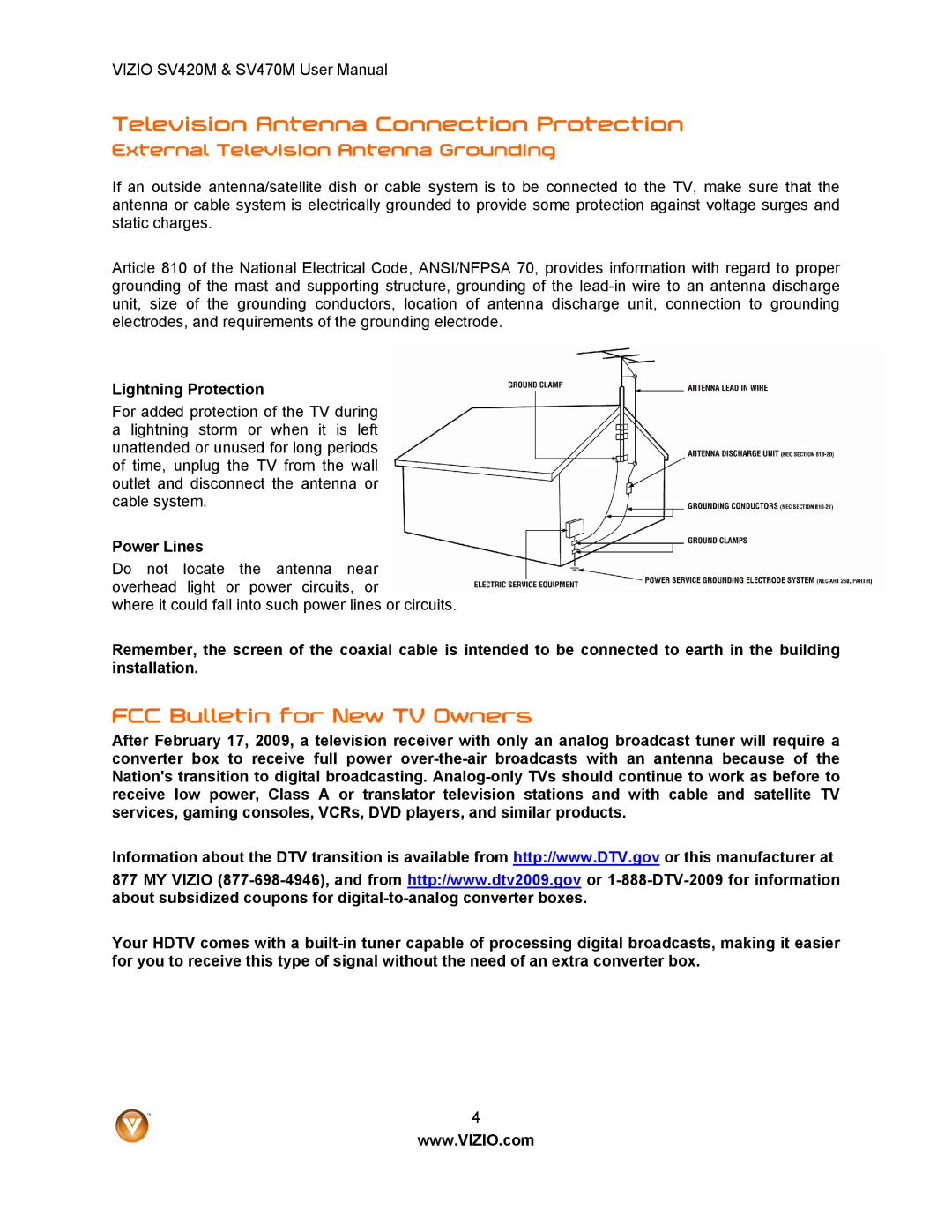 Vizio SV420M, SV470M user manual Television Antenna Connection Protection, FCC Bulletin for New TV Owners 