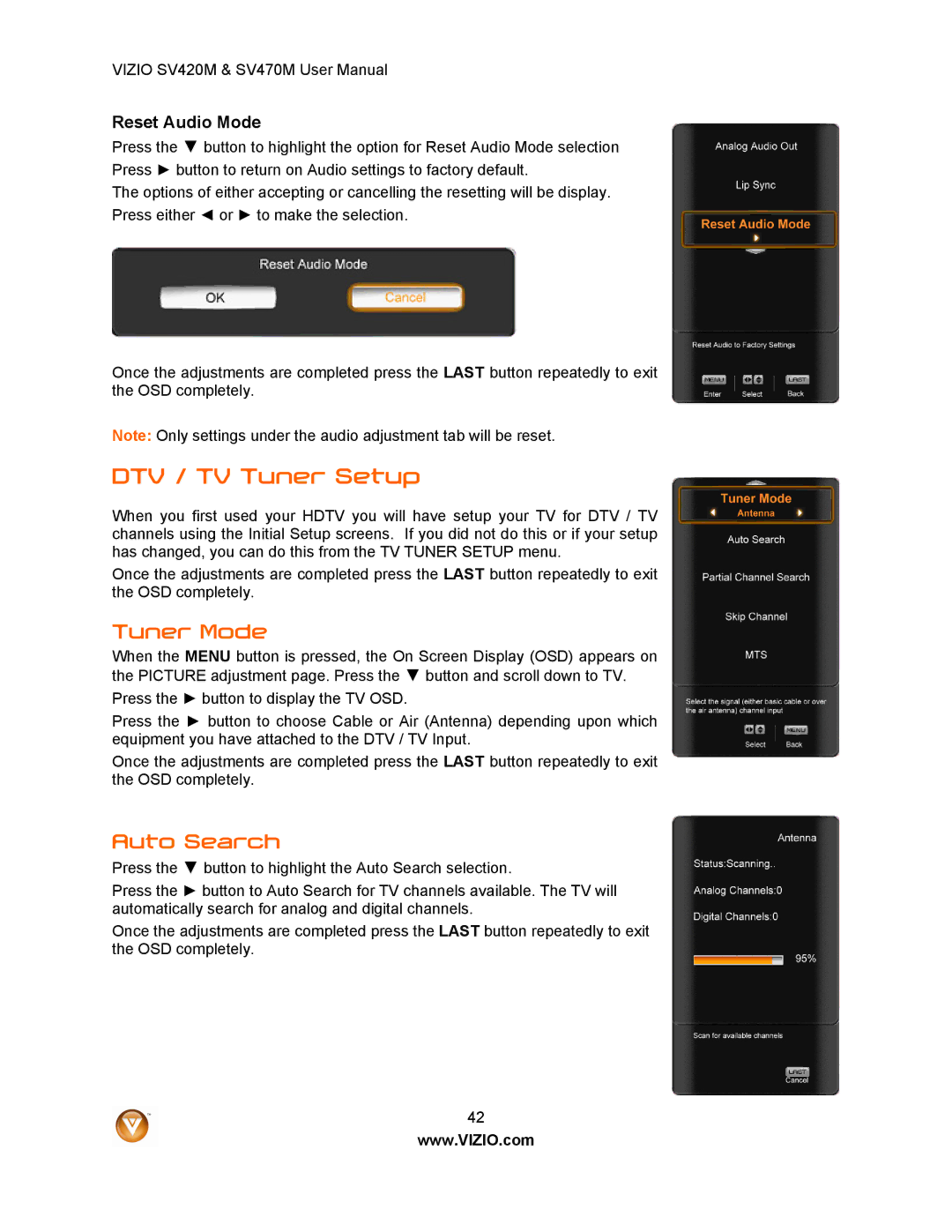 Vizio SV420M, SV470M user manual Tuner Mode, Auto Search, Reset Audio Mode 