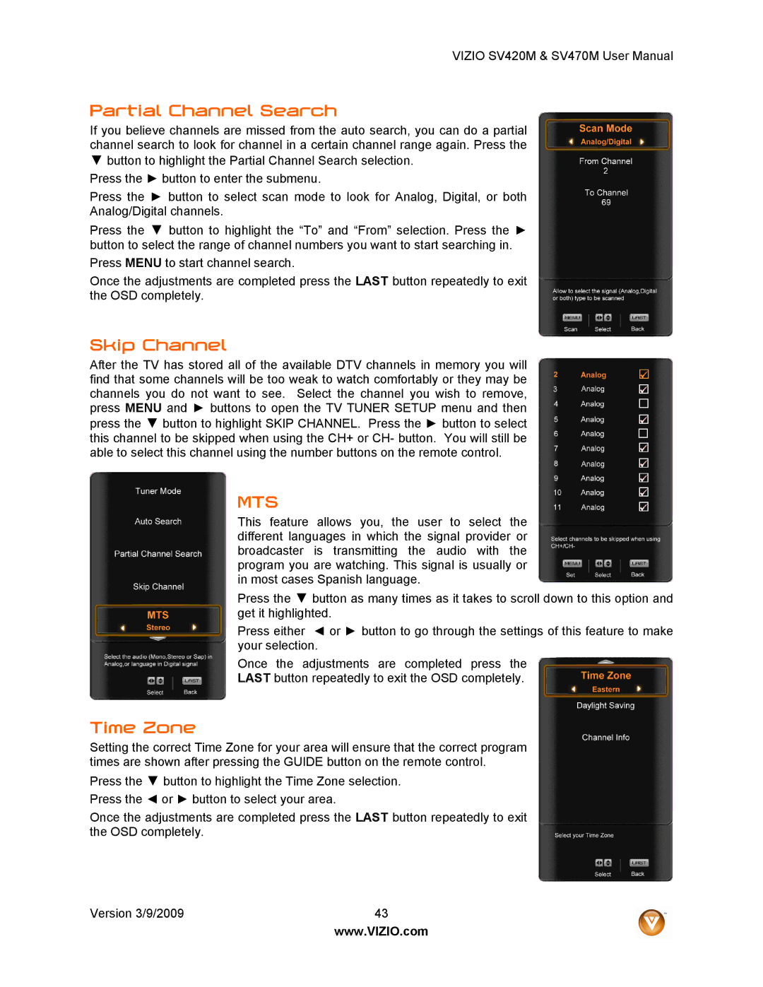 Vizio SV470M, SV420M user manual Partial Channel Search, Skip Channel, Time Zone 