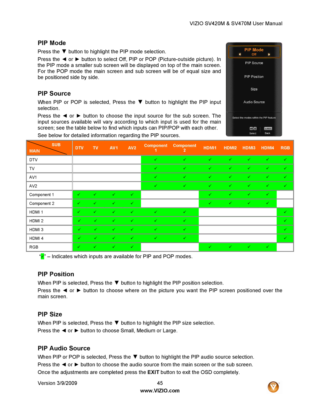 Vizio SV470M, SV420M user manual PIP Mode, PIP Source, PIP Position, PIP Size, PIP Audio Source 