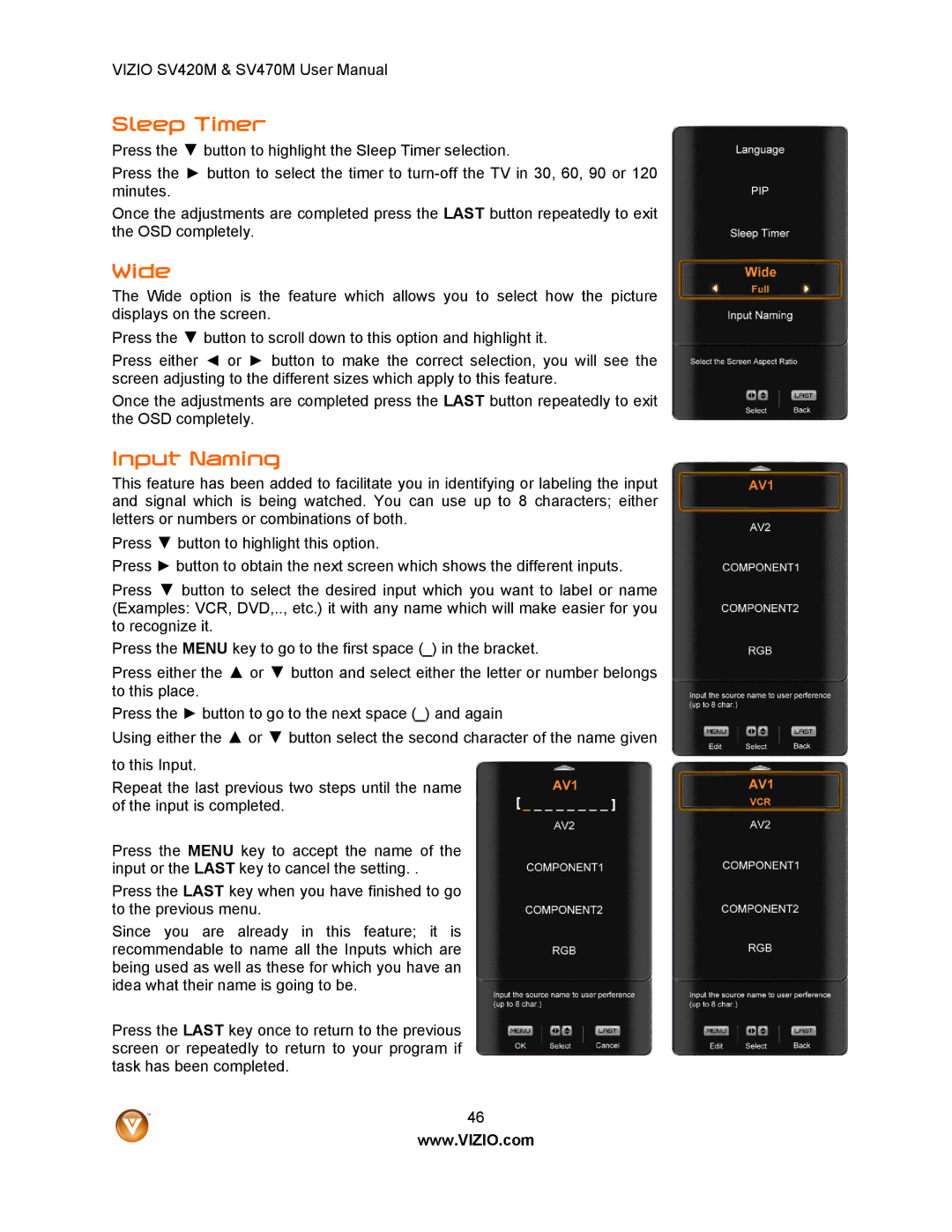 Vizio SV420M, SV470M user manual Sleep Timer, Wide, Input Naming 