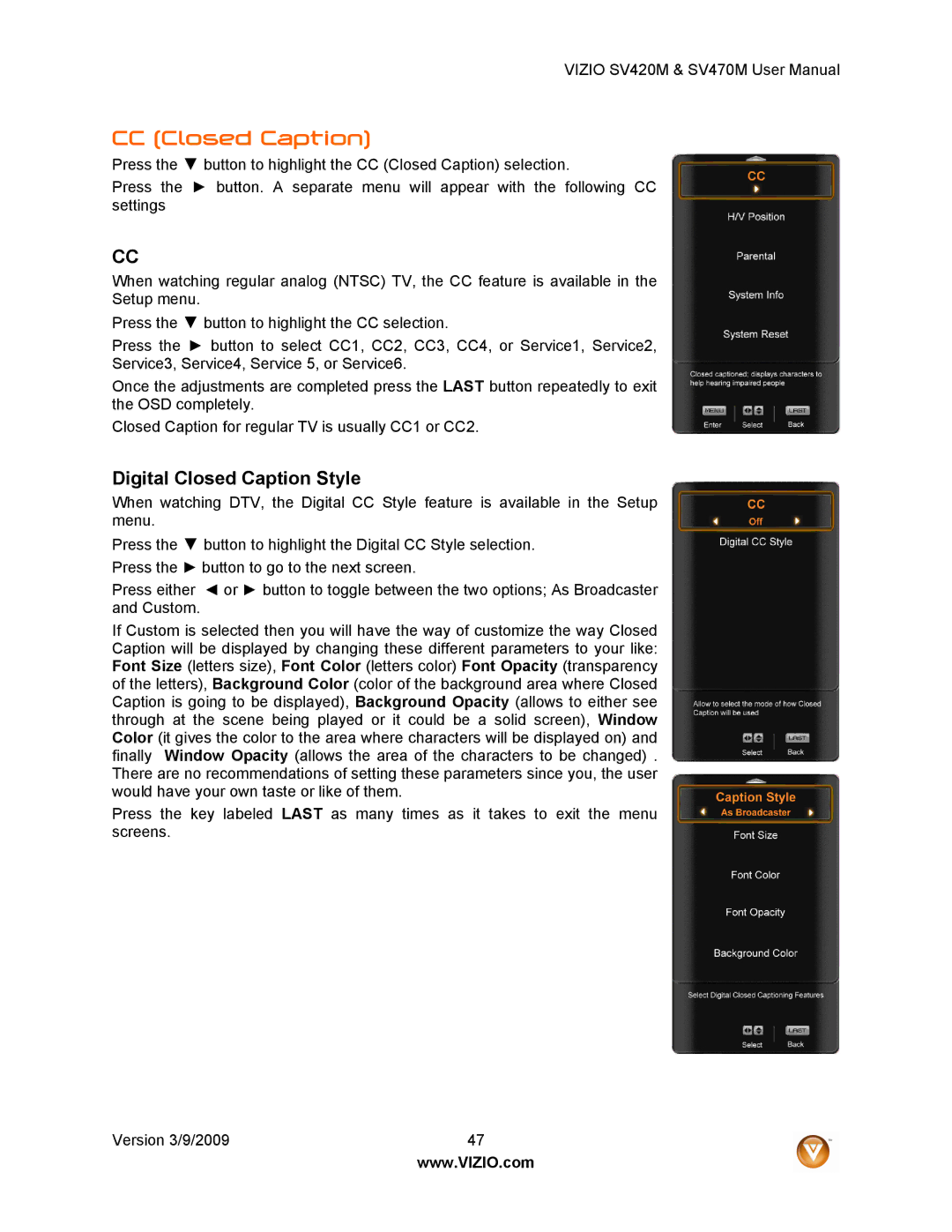 Vizio SV470M, SV420M user manual CC Closed Caption, Digital Closed Caption Style 