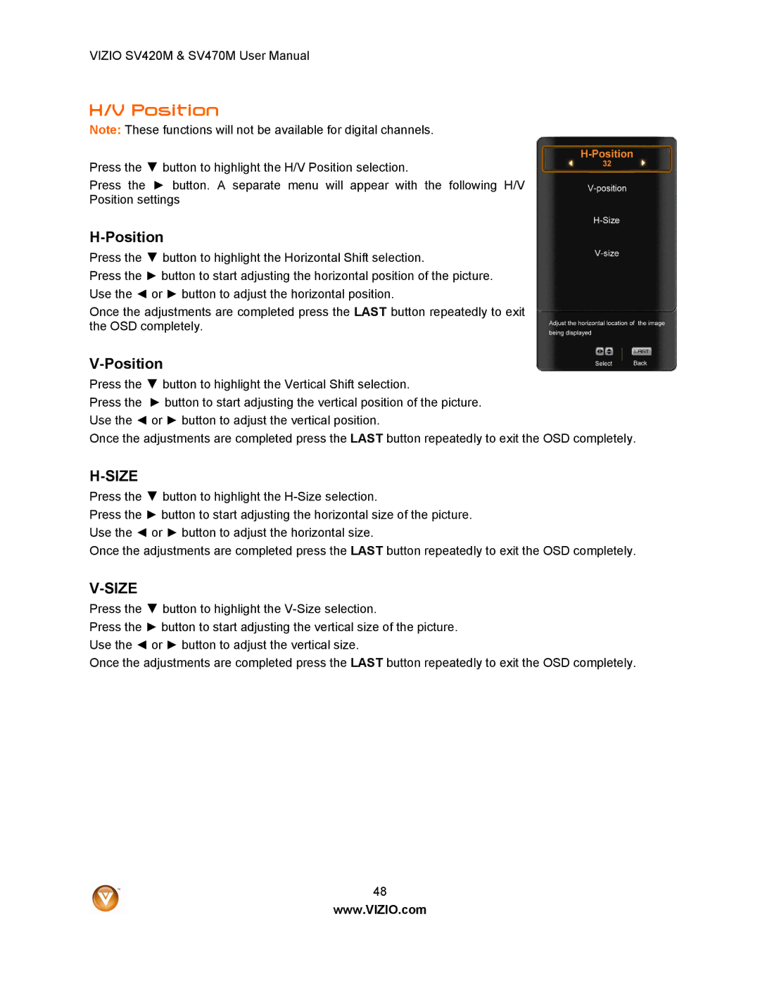 Vizio SV420M, SV470M user manual Position 