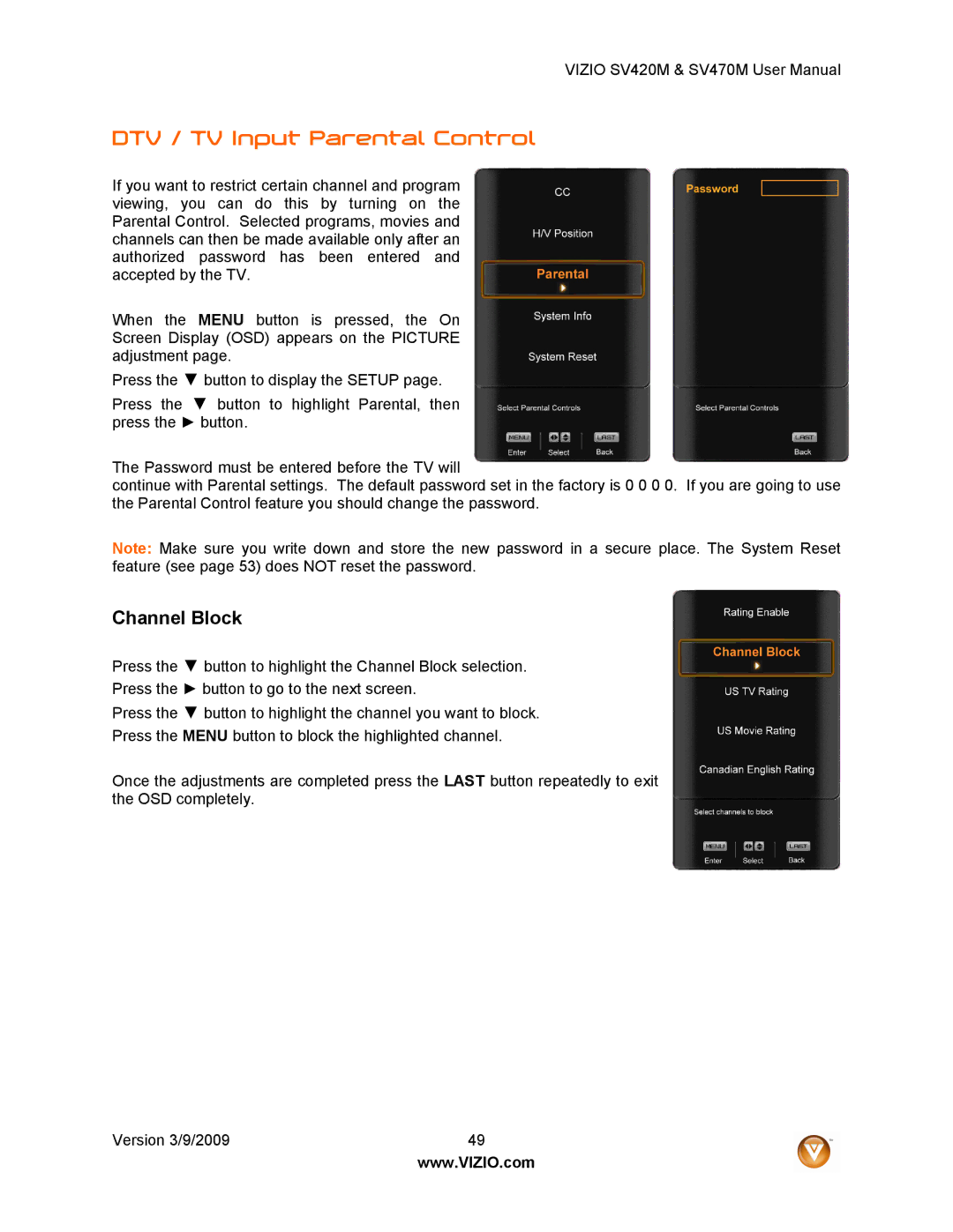 Vizio SV470M, SV420M user manual DTV / TV Input Parental Control, Channel Block 