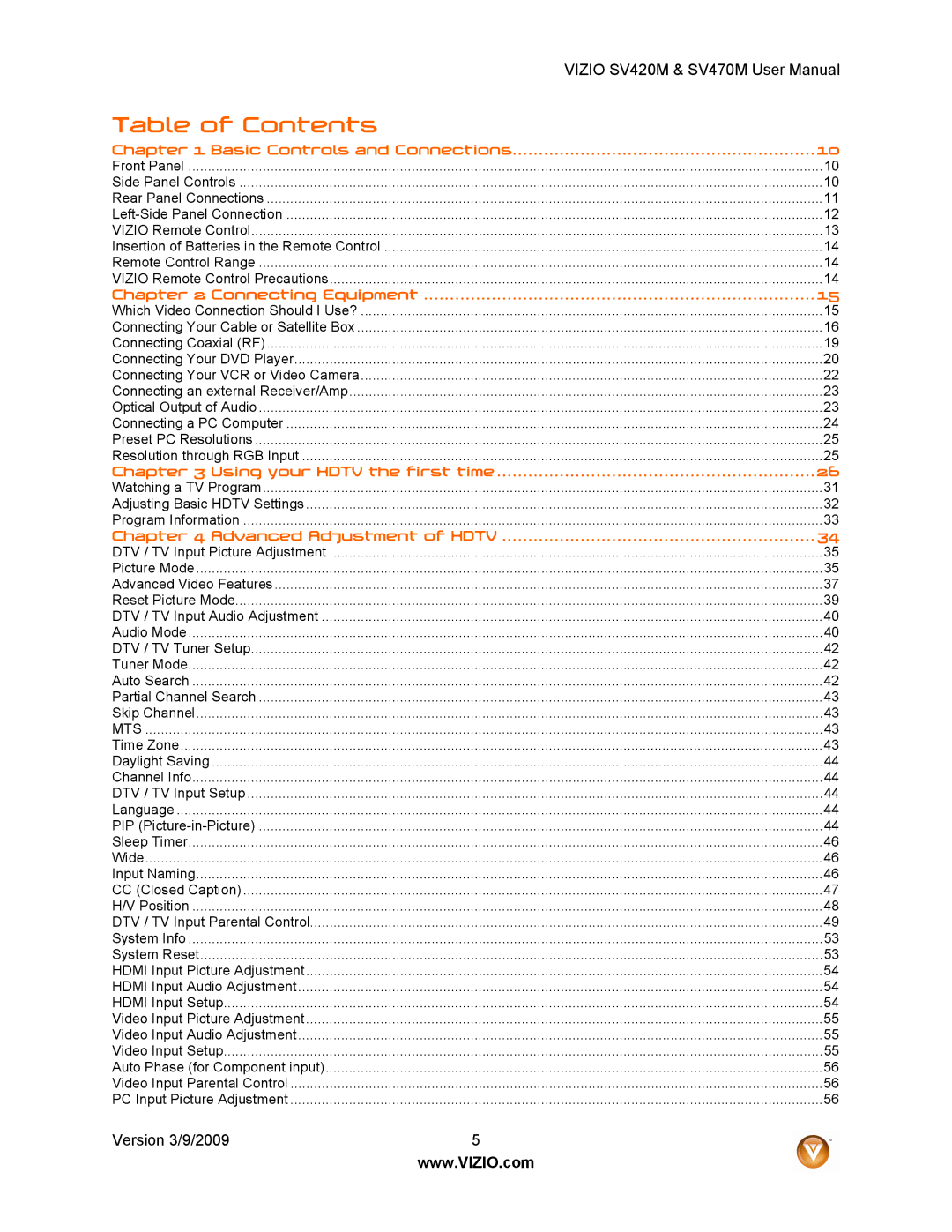 Vizio SV470M, SV420M user manual Table of Contents 