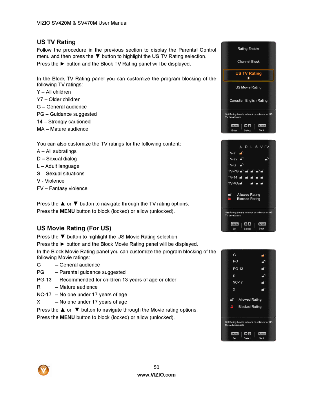 Vizio SV420M, SV470M user manual US TV Rating, US Movie Rating For US 