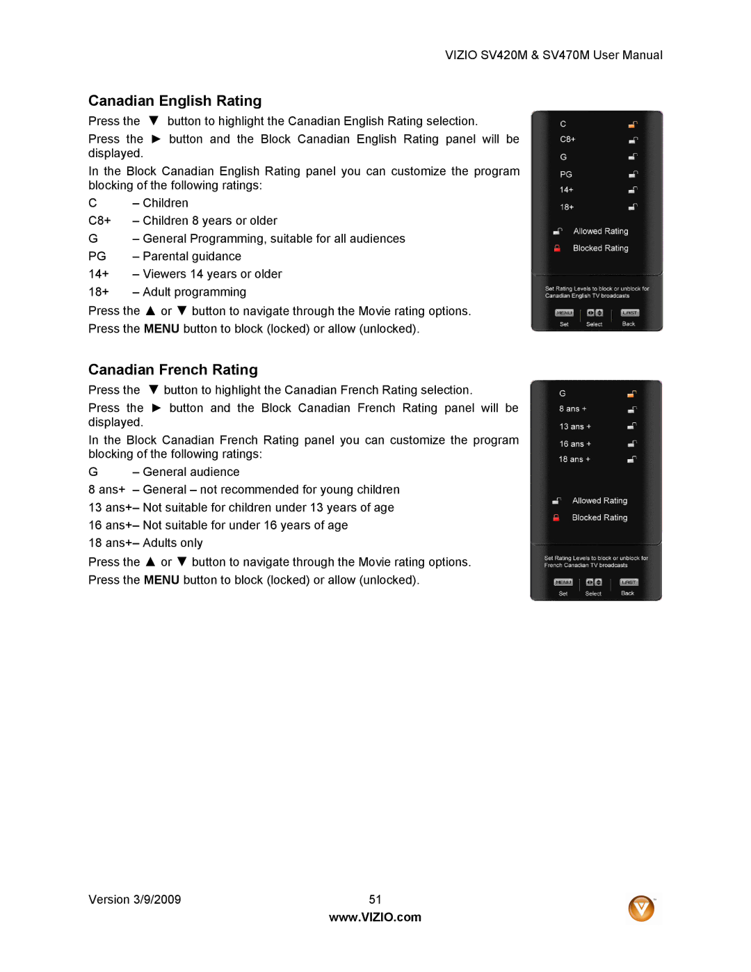 Vizio SV470M, SV420M user manual Canadian English Rating, Canadian French Rating 