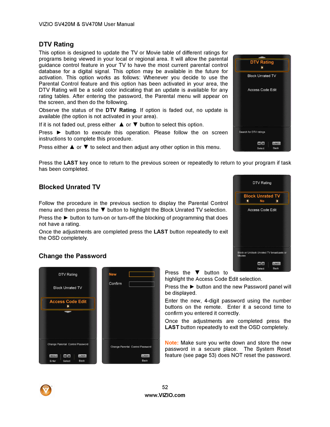 Vizio SV420M, SV470M user manual DTV Rating, Blocked Unrated TV, Change the Password 