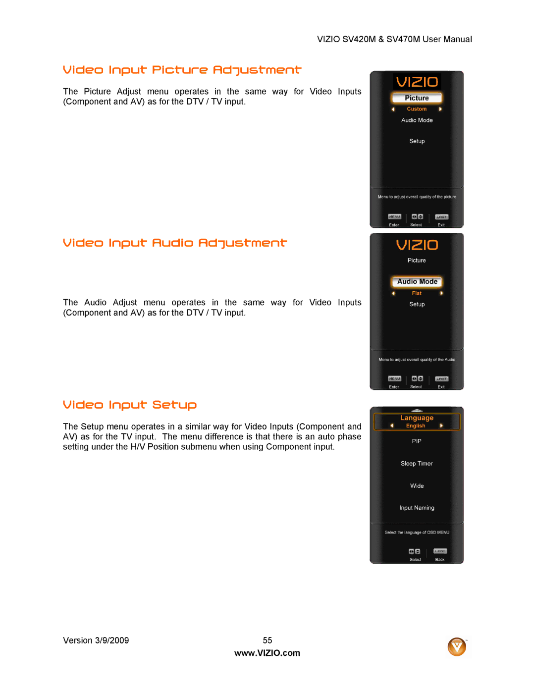 Vizio SV470M, SV420M user manual Video Input Picture Adjustment, Video Input Audio Adjustment, Video Input Setup 