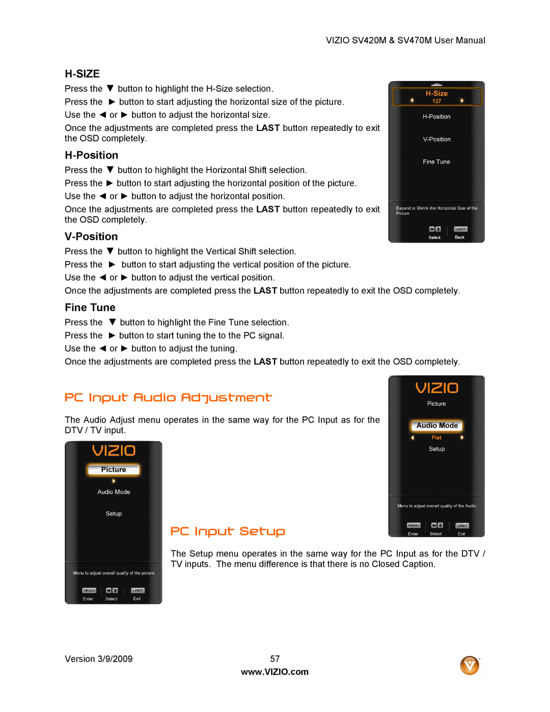 Vizio SV470M, SV420M user manual PC Input Audio Adjustment, PC Input Setup, Fine Tune 