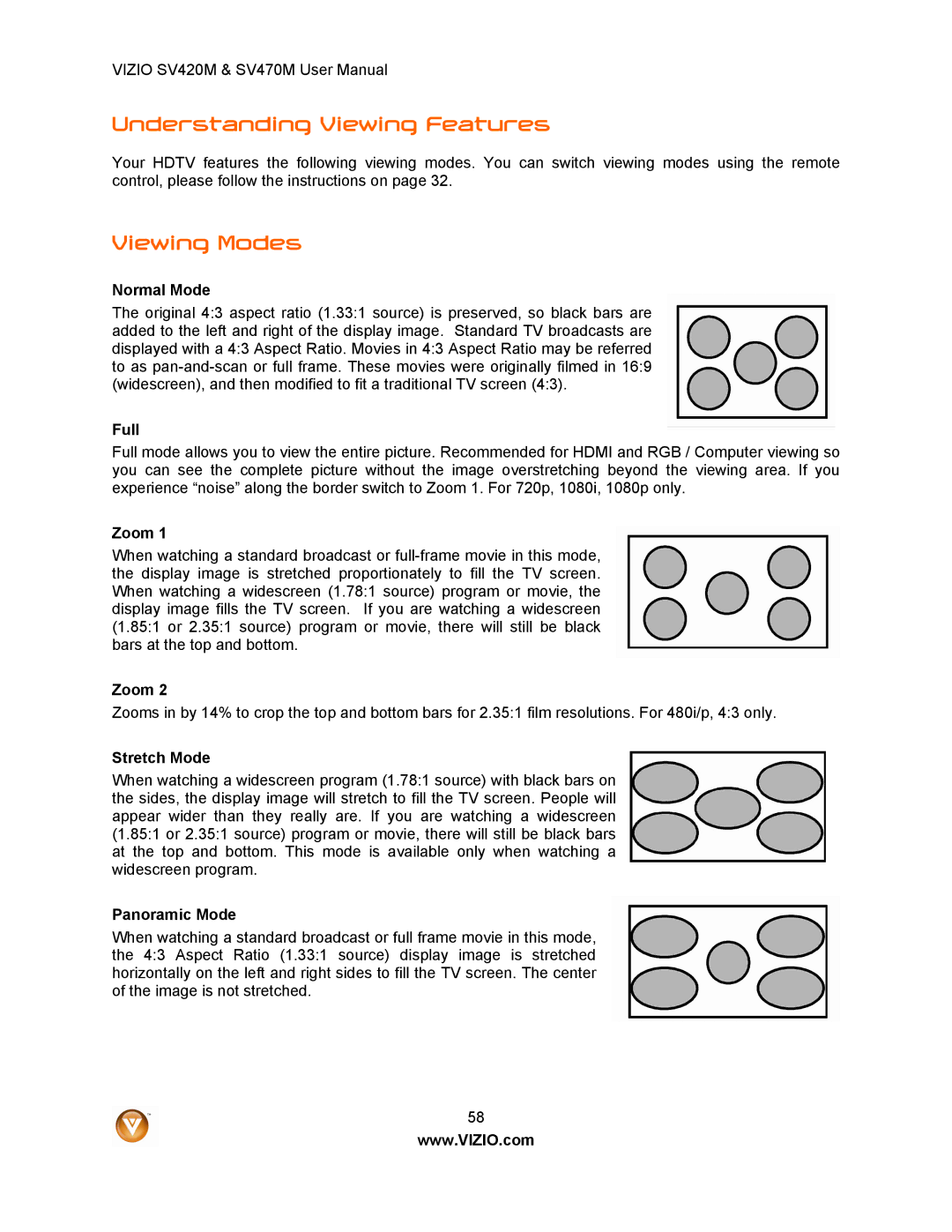 Vizio SV420M, SV470M user manual Understanding Viewing Features, Viewing Modes 