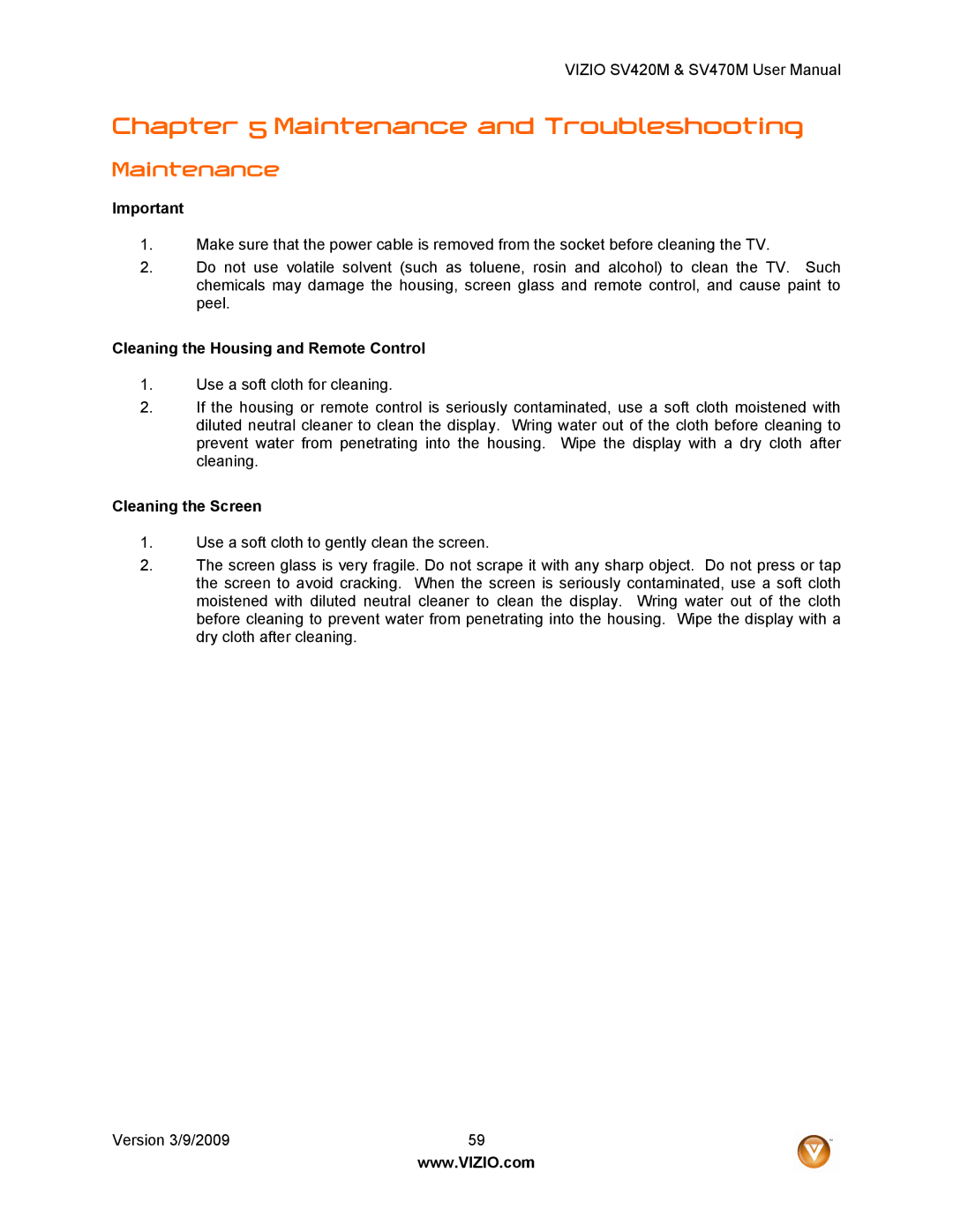 Vizio SV470M, SV420M user manual Maintenance and Troubleshooting 