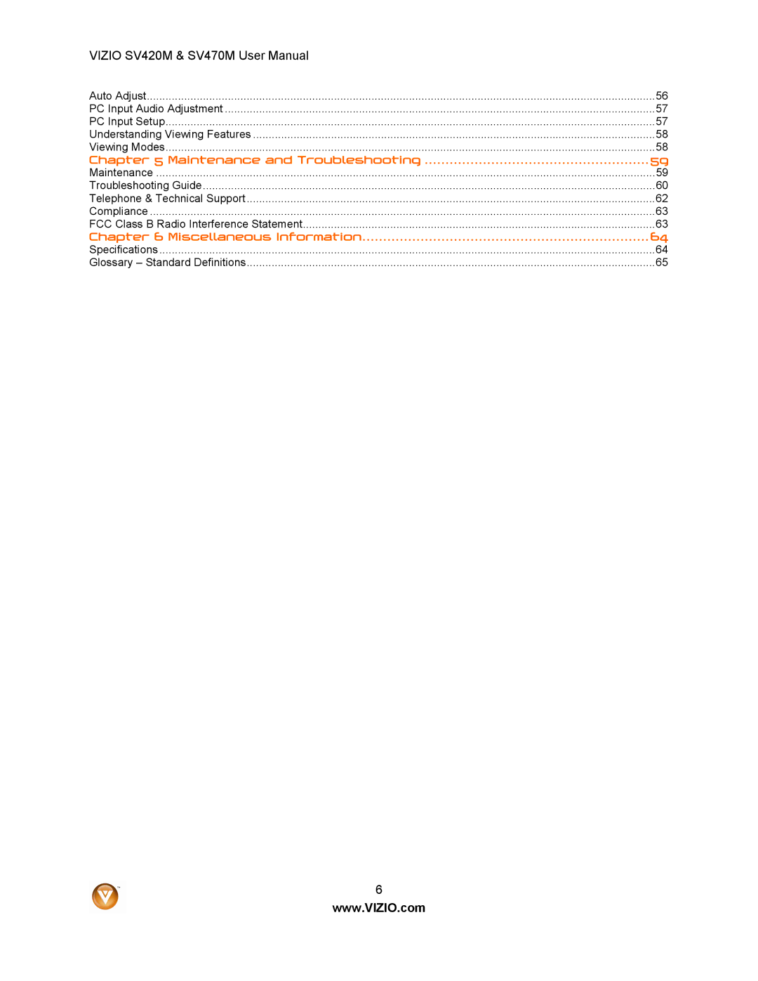 Vizio SV420M, SV470M user manual Miscellaneous Information 