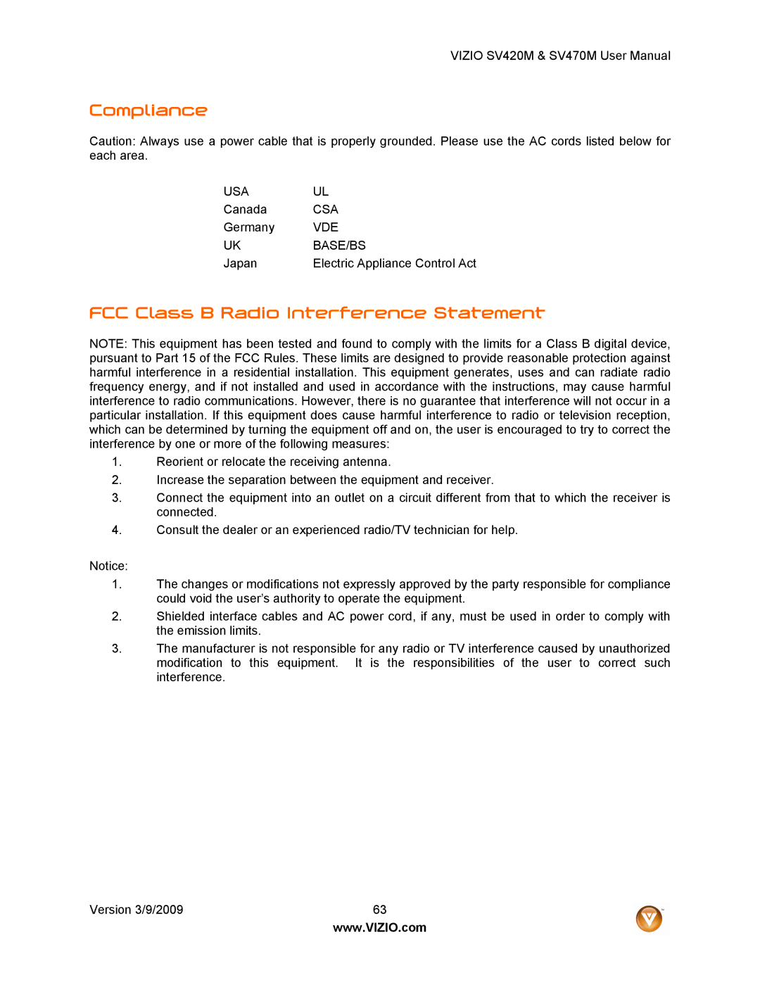 Vizio SV470M, SV420M user manual Compliance, FCC Class B Radio Interference Statement 