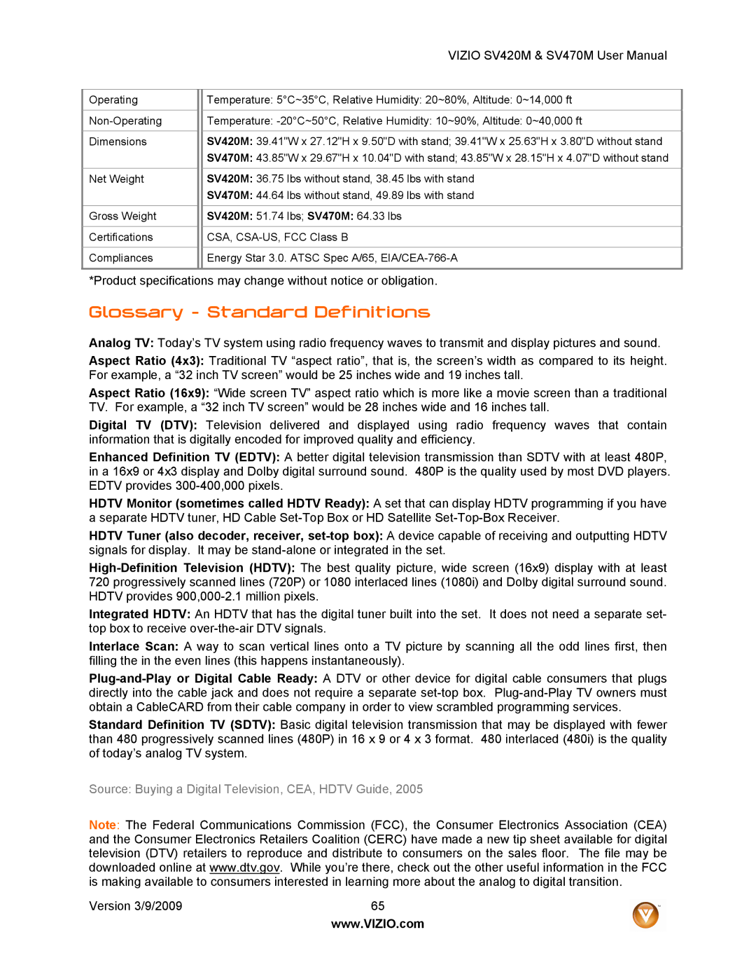 Vizio SV470M, SV420M user manual Glossary Standard Definitions 