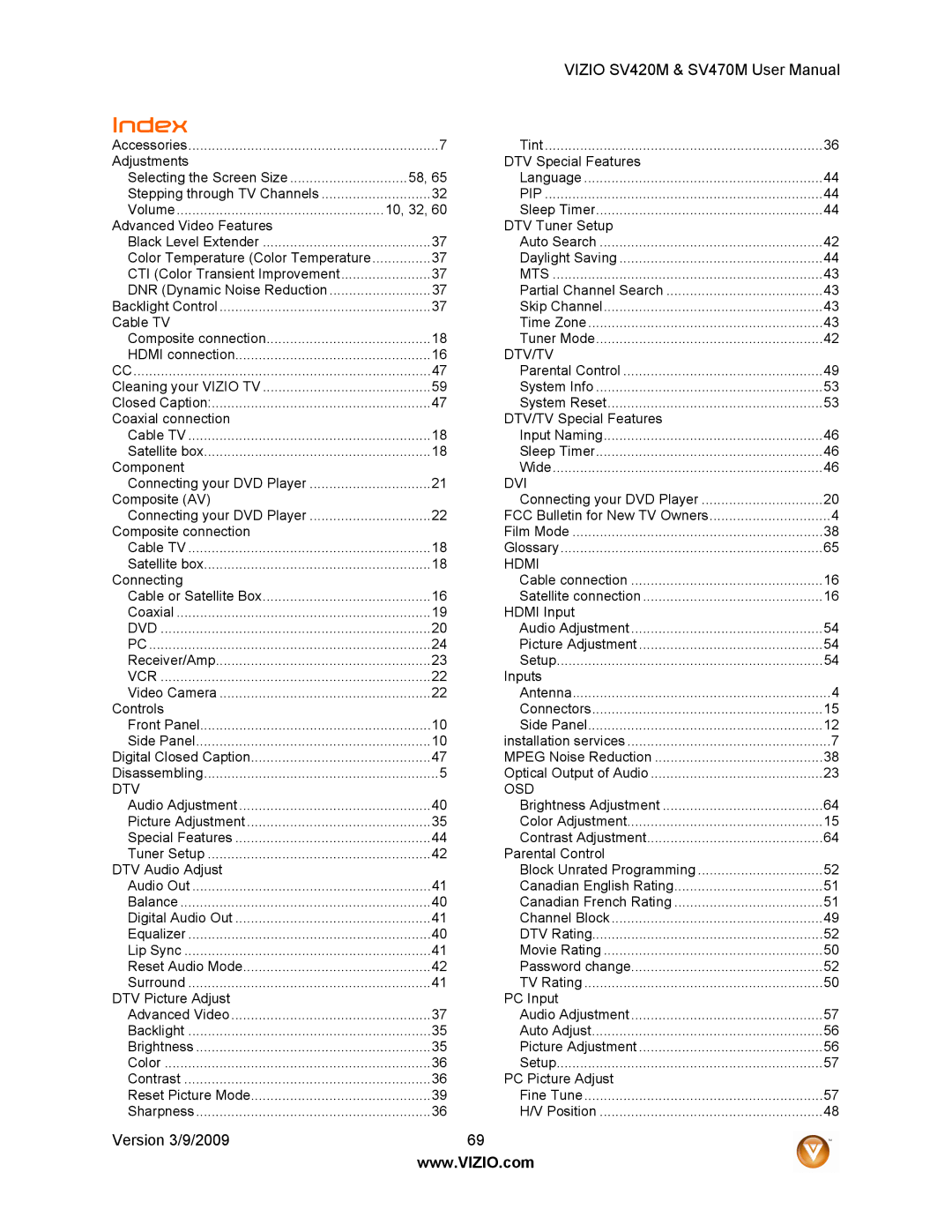 Vizio SV470M, SV420M user manual Index 