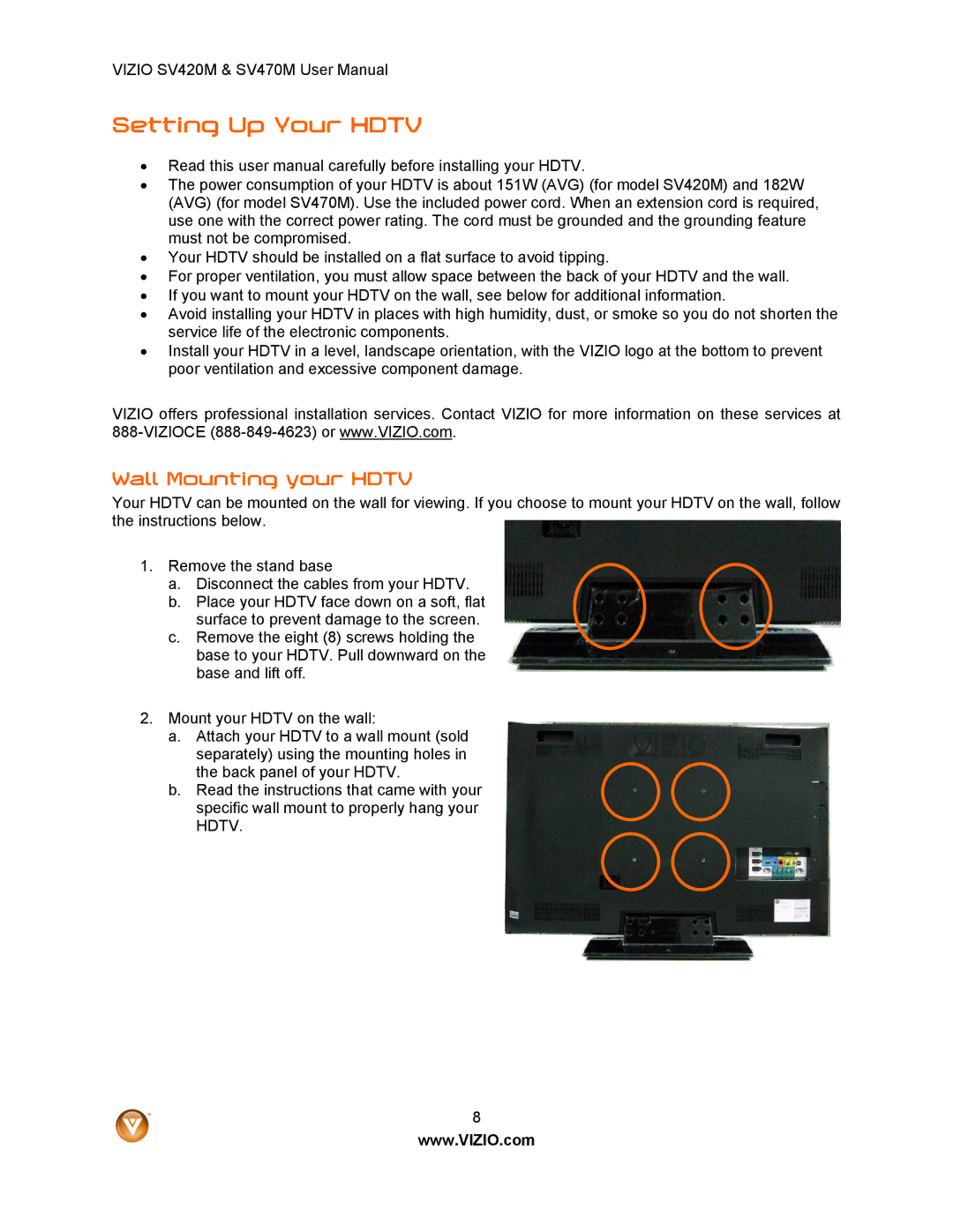 Vizio SV420M, SV470M user manual Setting Up Your Hdtv 